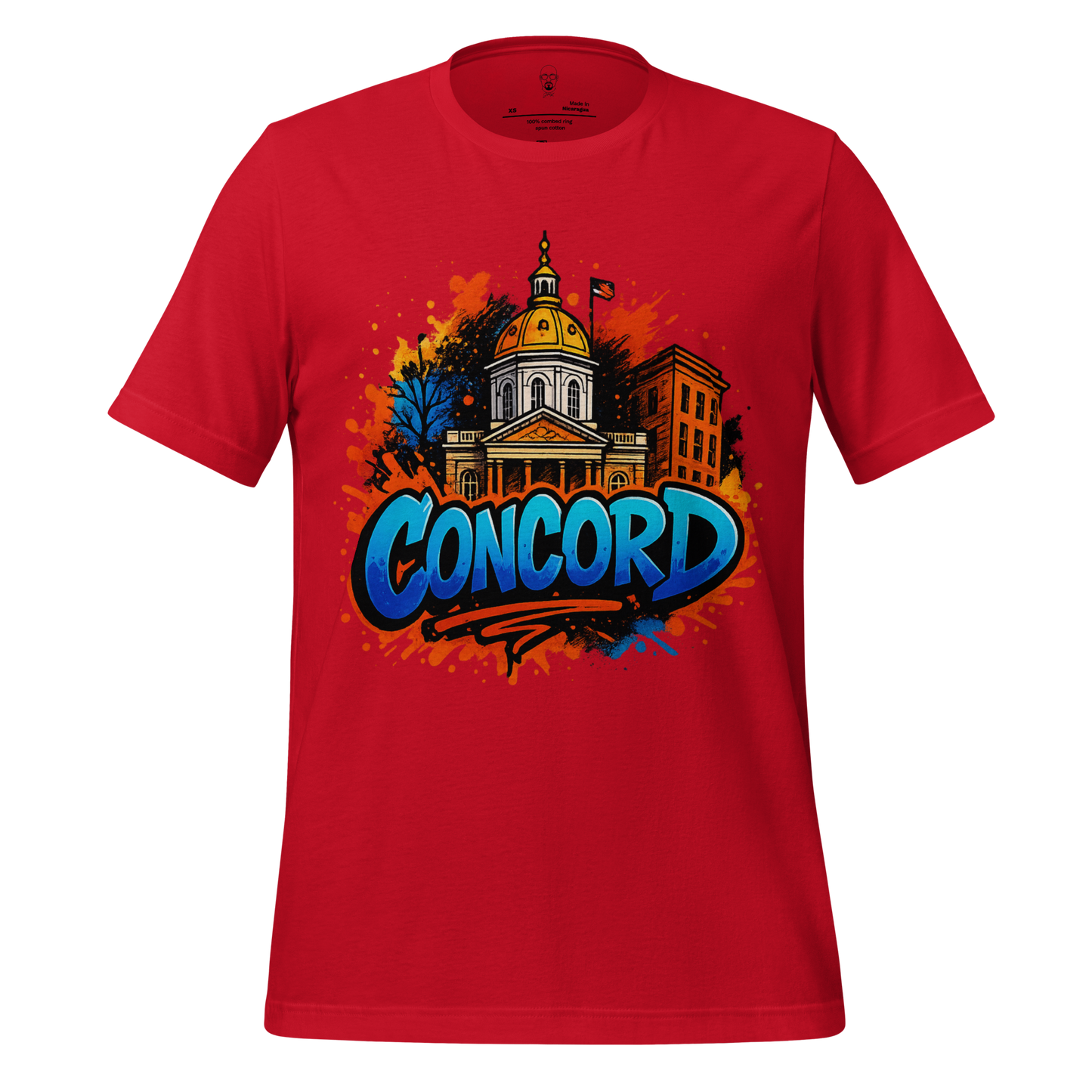 Red Concord Graphic T-Shirt by JMK Drip featuring colorful cityscape design with Concord text