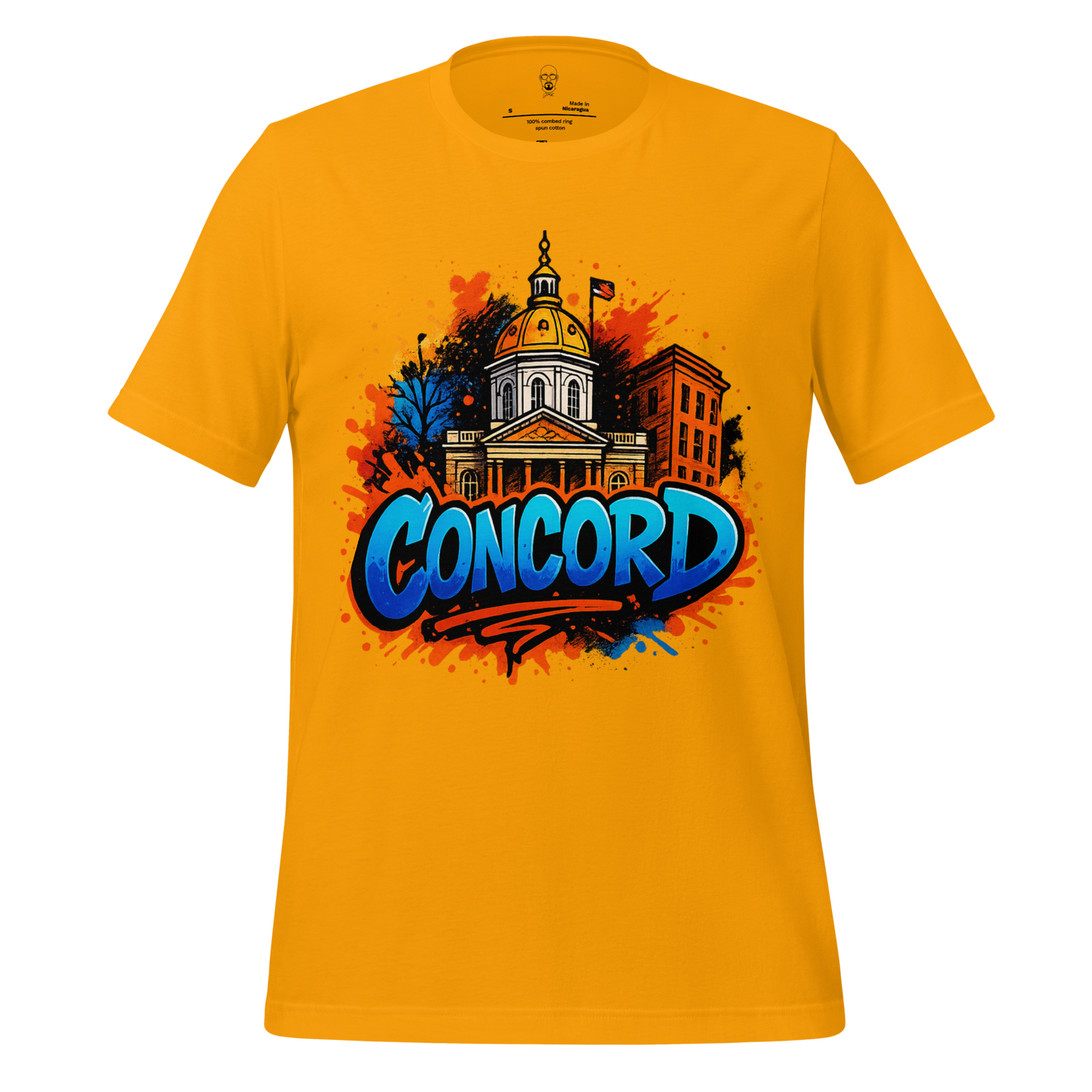 JMK Drip Concord Graphic T-Shirt in yellow featuring a colorful Concord building illustration