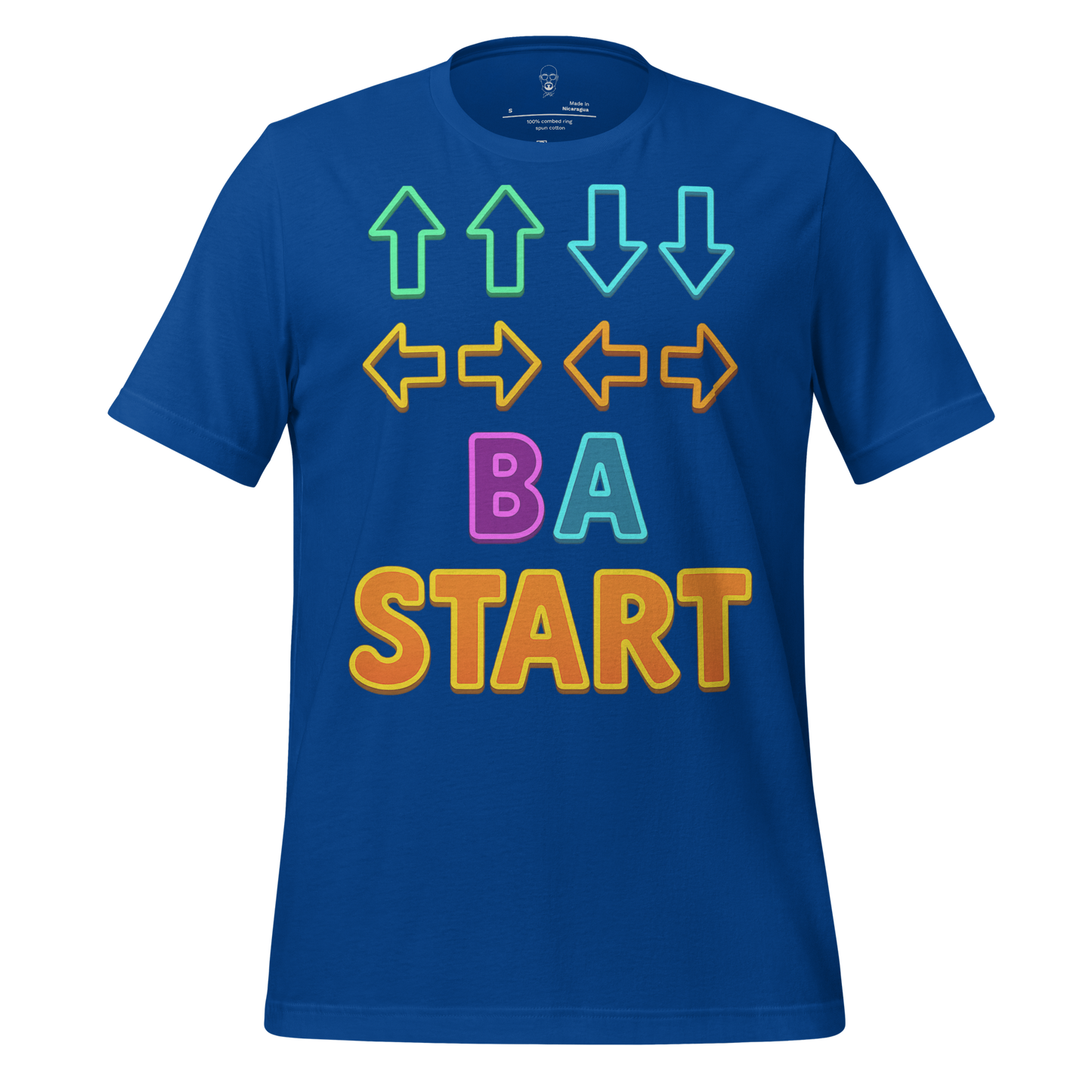 Blue Contra code t-shirt with colorful arrow and button graphics by JMK Drip