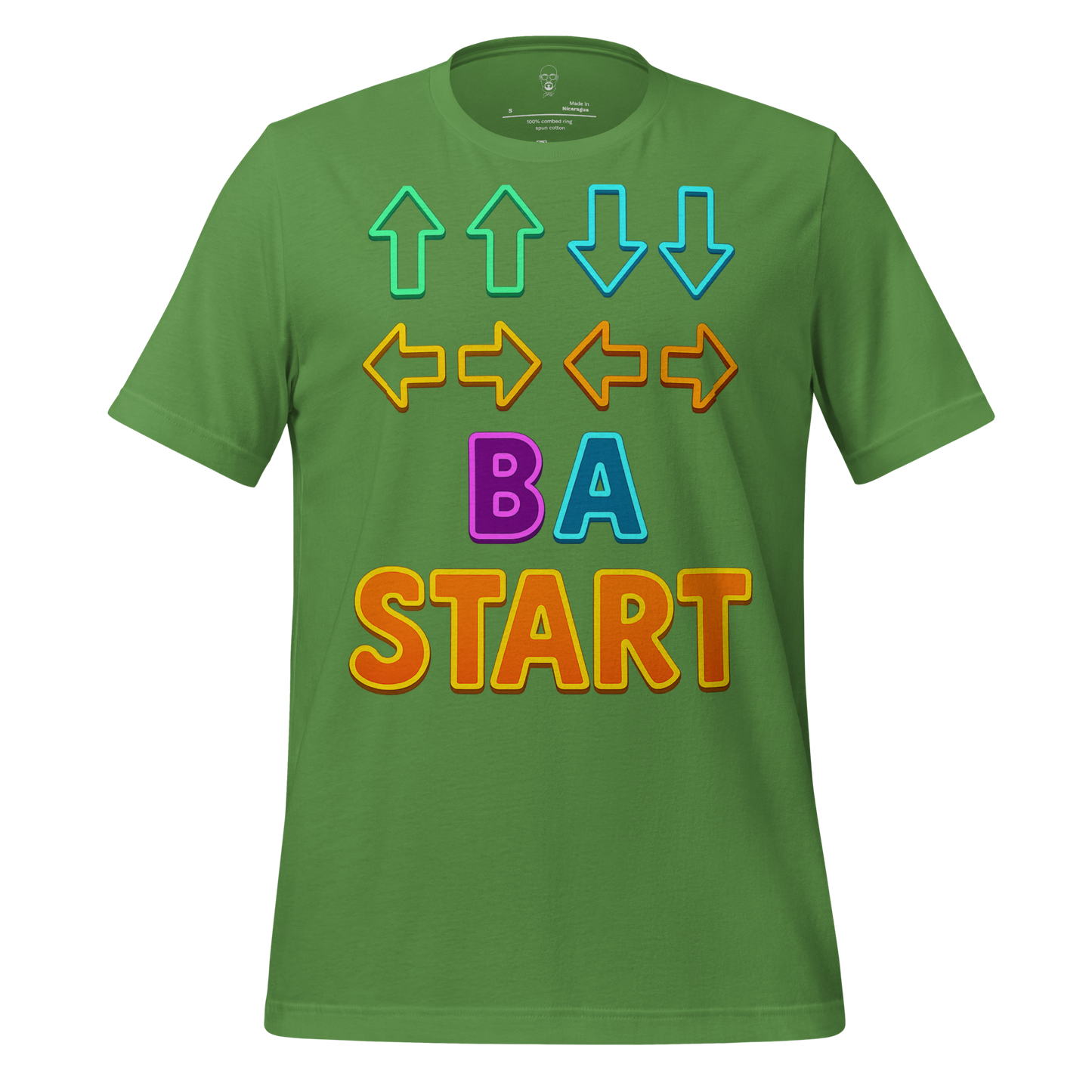 Green Contra code t-shirt by JMK Drip featuring colorful arrow keys and B A START text