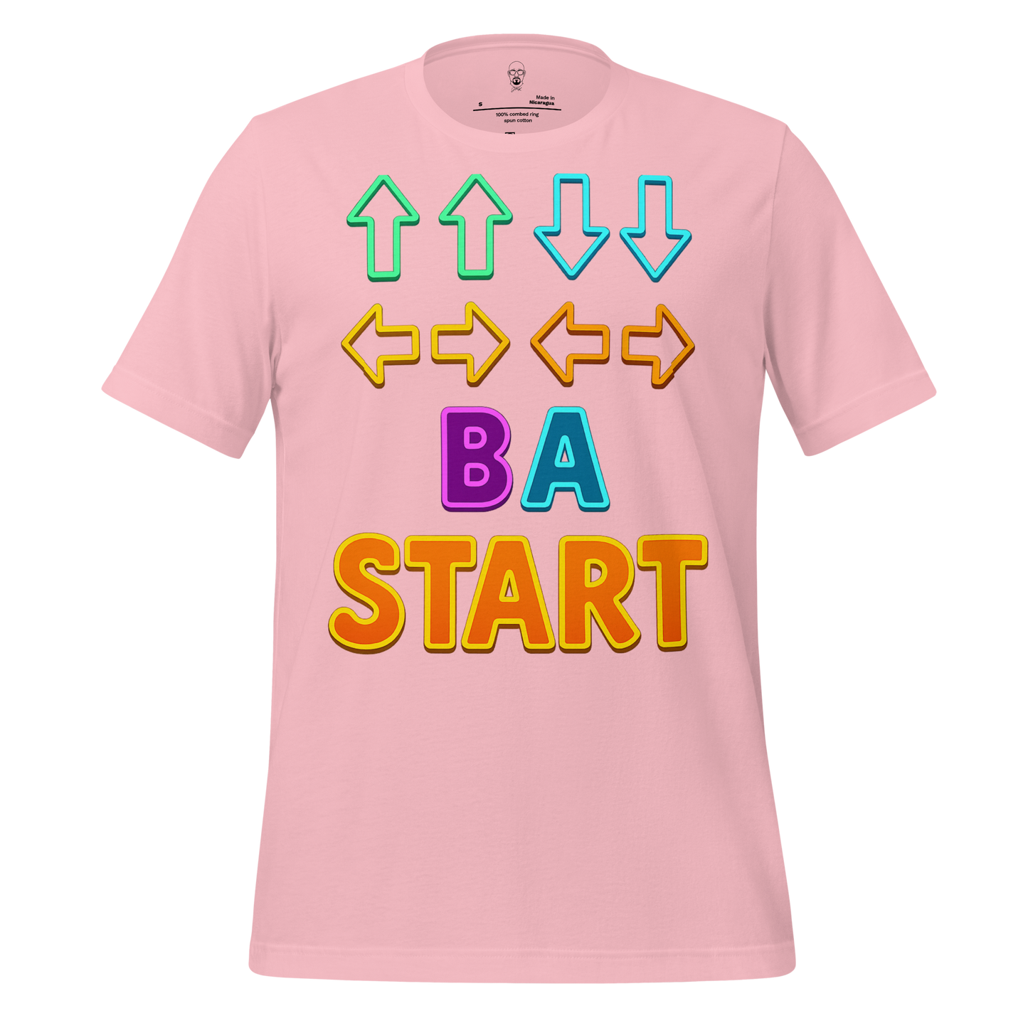 Pink Contra code t-shirt with colorful arrow and button design from JMK Drip