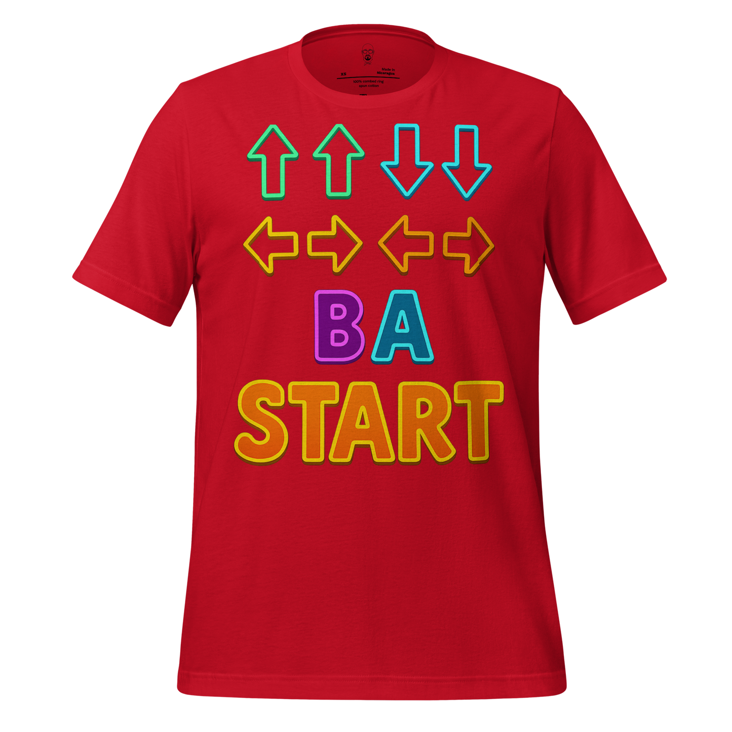 JMK Drip red Contra code t-shirt with colorful gaming arrows and buttons design