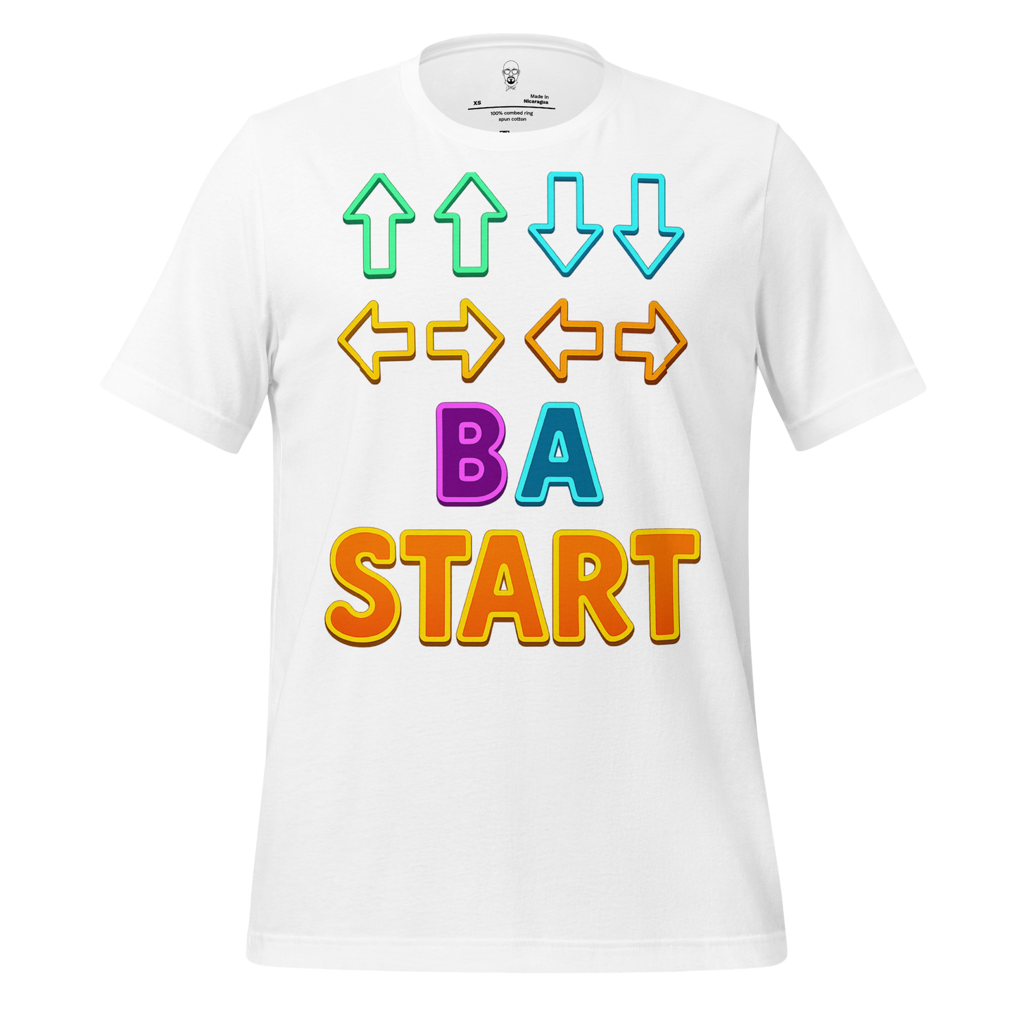 White Contra code t-shirt with colorful arrows and bold B A Start text graphic