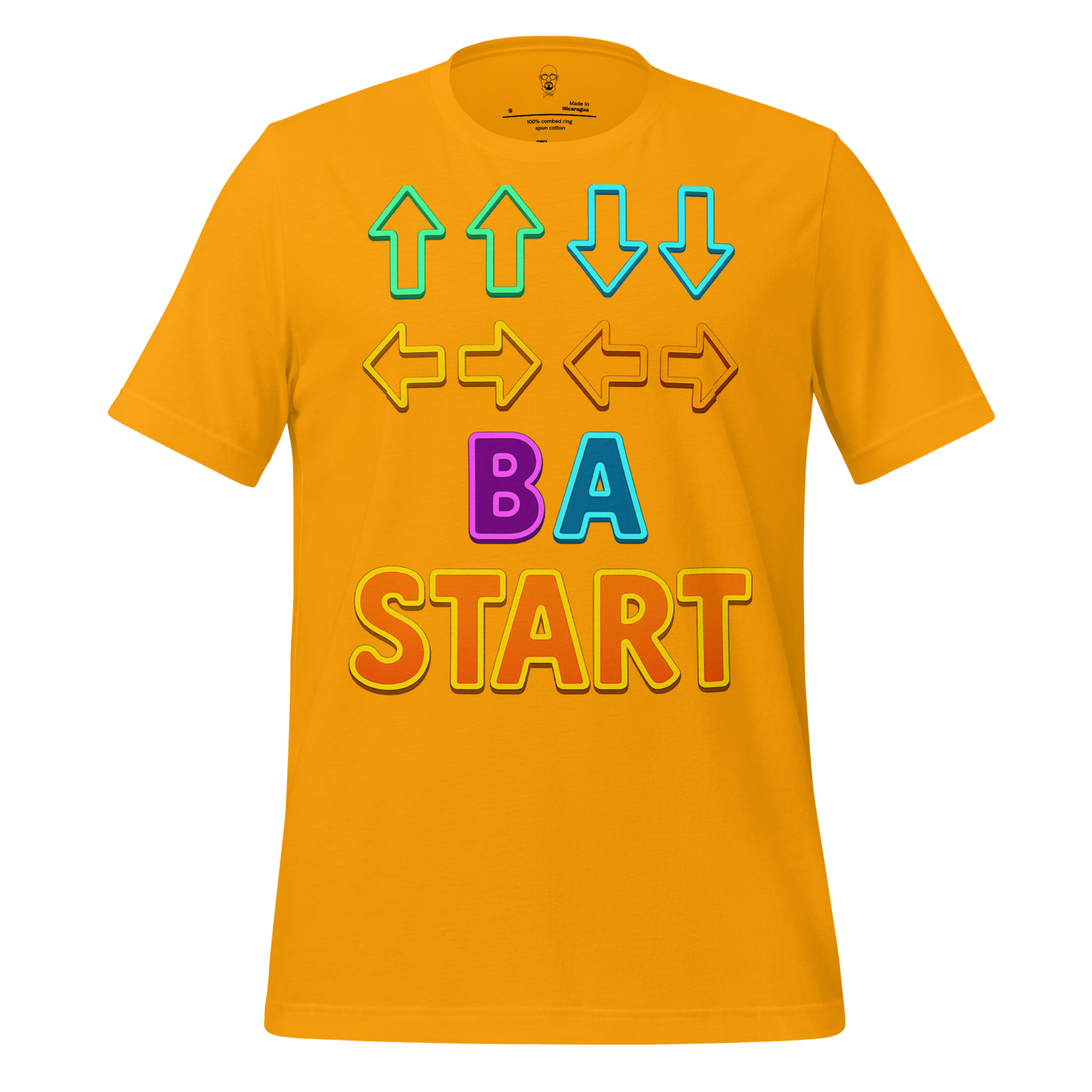 JMK Drip Contra code t-shirt in yellow with colorful gaming controller button design