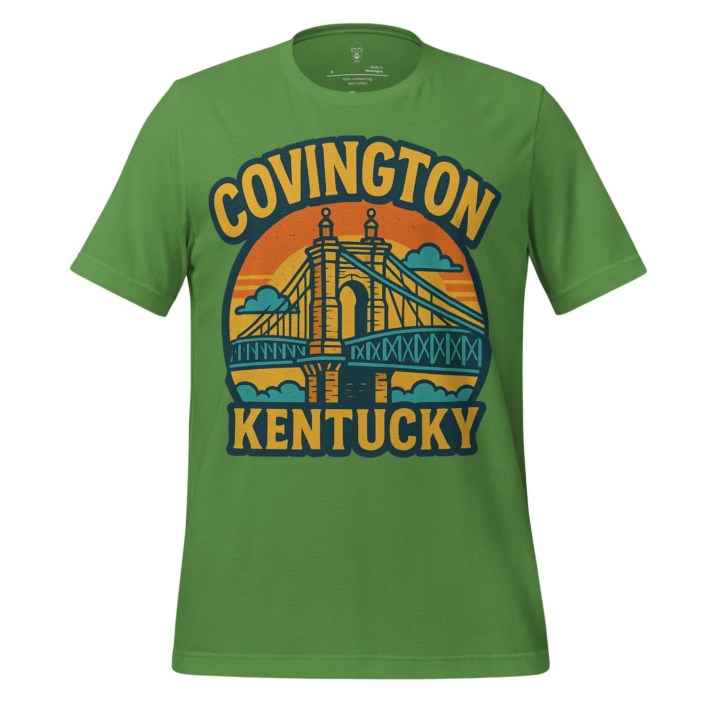 Green Covington Kentucky t-shirt featuring vintage bridge design with sunset background