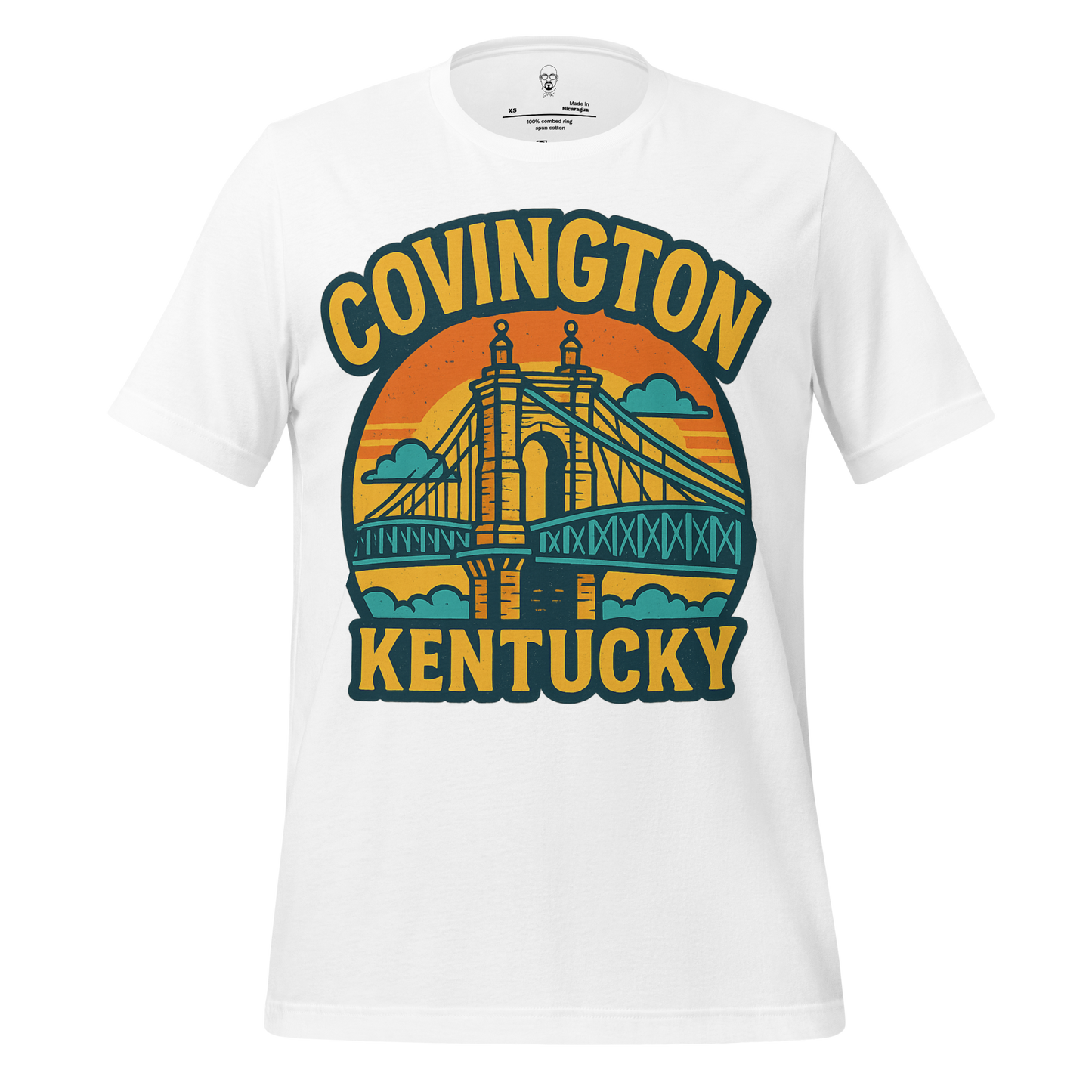 White Covington Kentucky t-shirt by JMK Drip featuring a colorful bridge design with sunset background