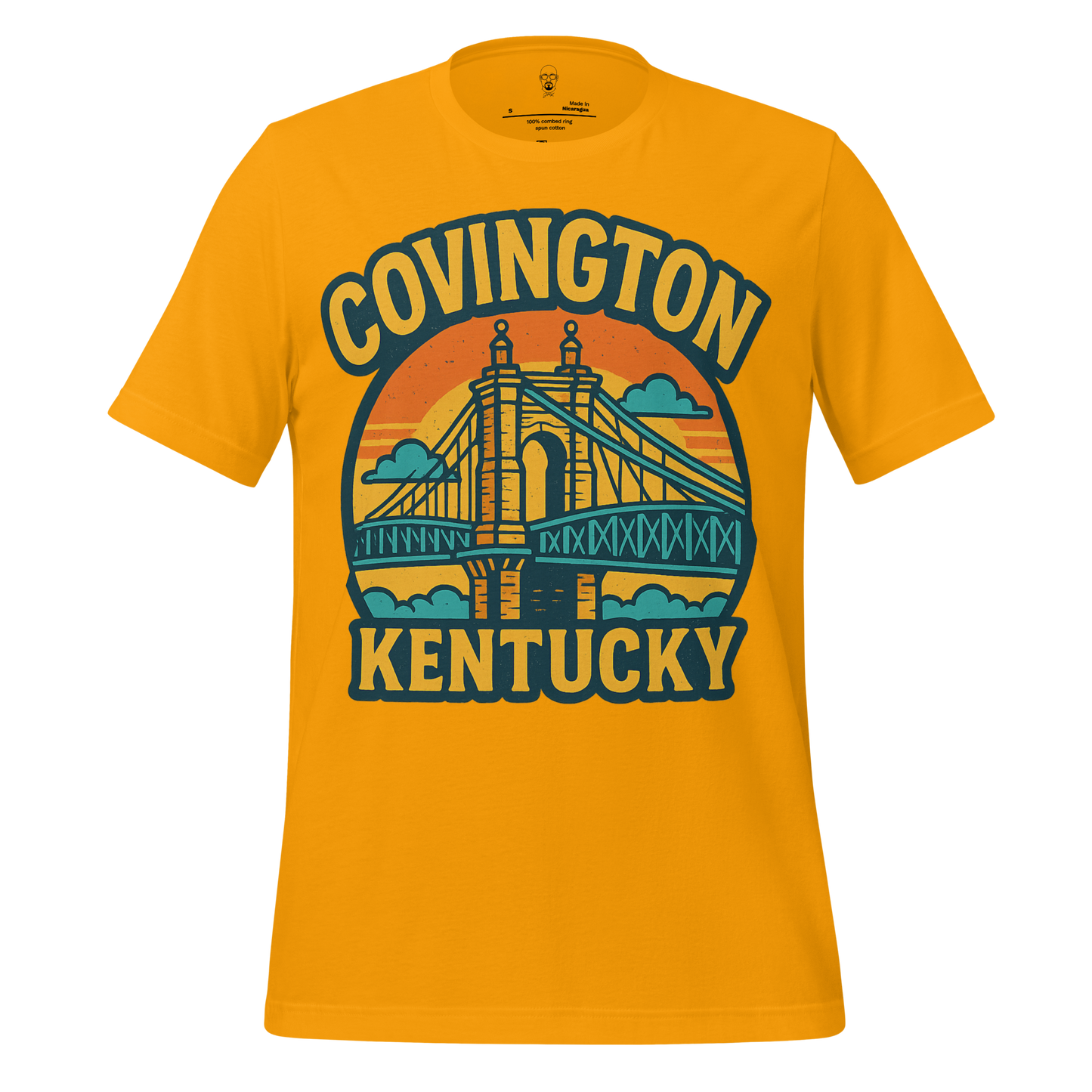 Yellow Covington Kentucky t-shirt featuring a graphic of a bridge with sunrise background