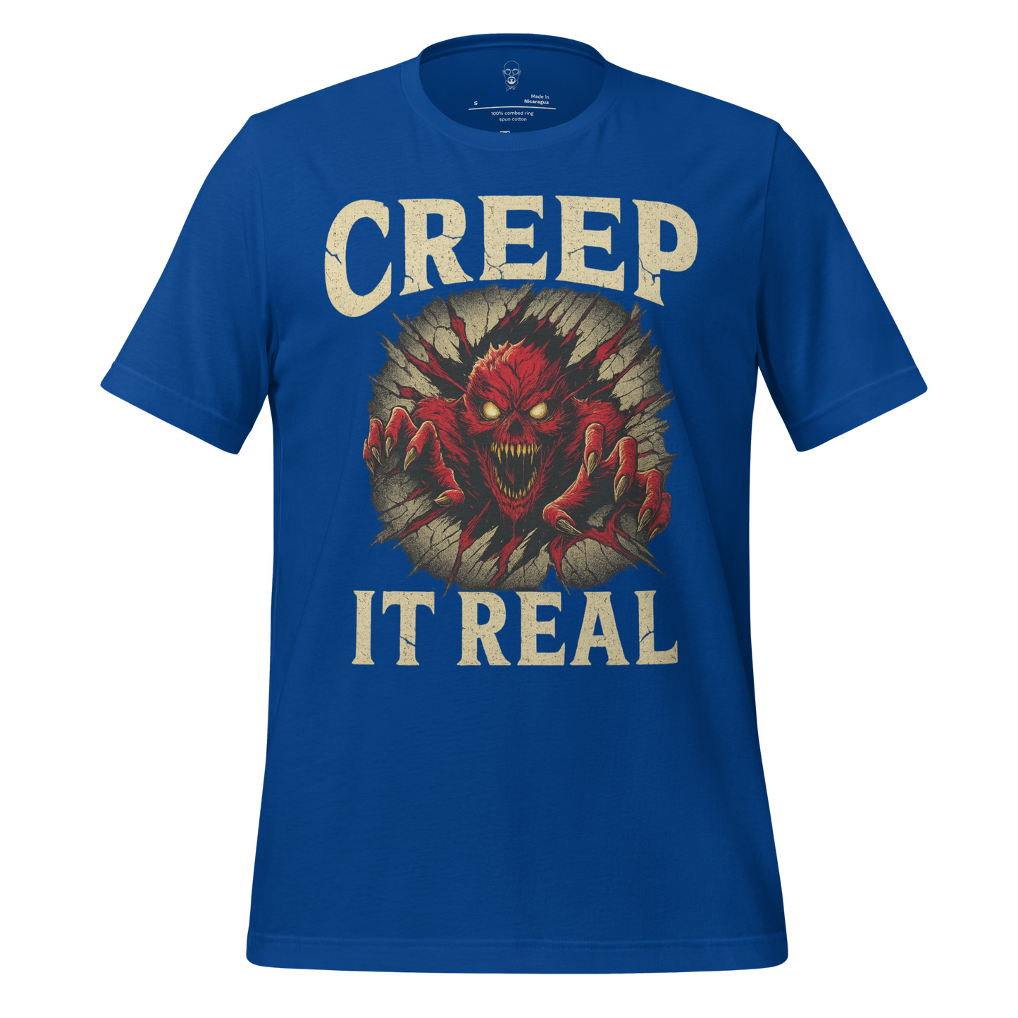 Blue JMK Drip creep it real t-shirt with red monster graphic and bold vintage text