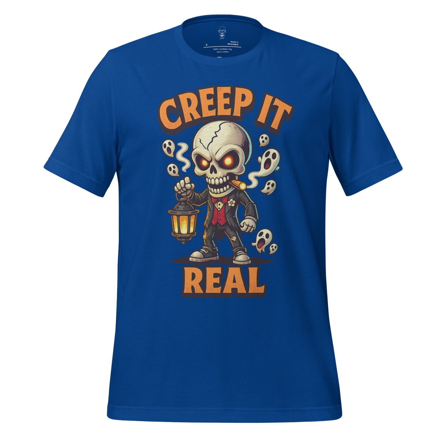Blue creep it real t shirt with skeleton holding lantern and cigar graphic design