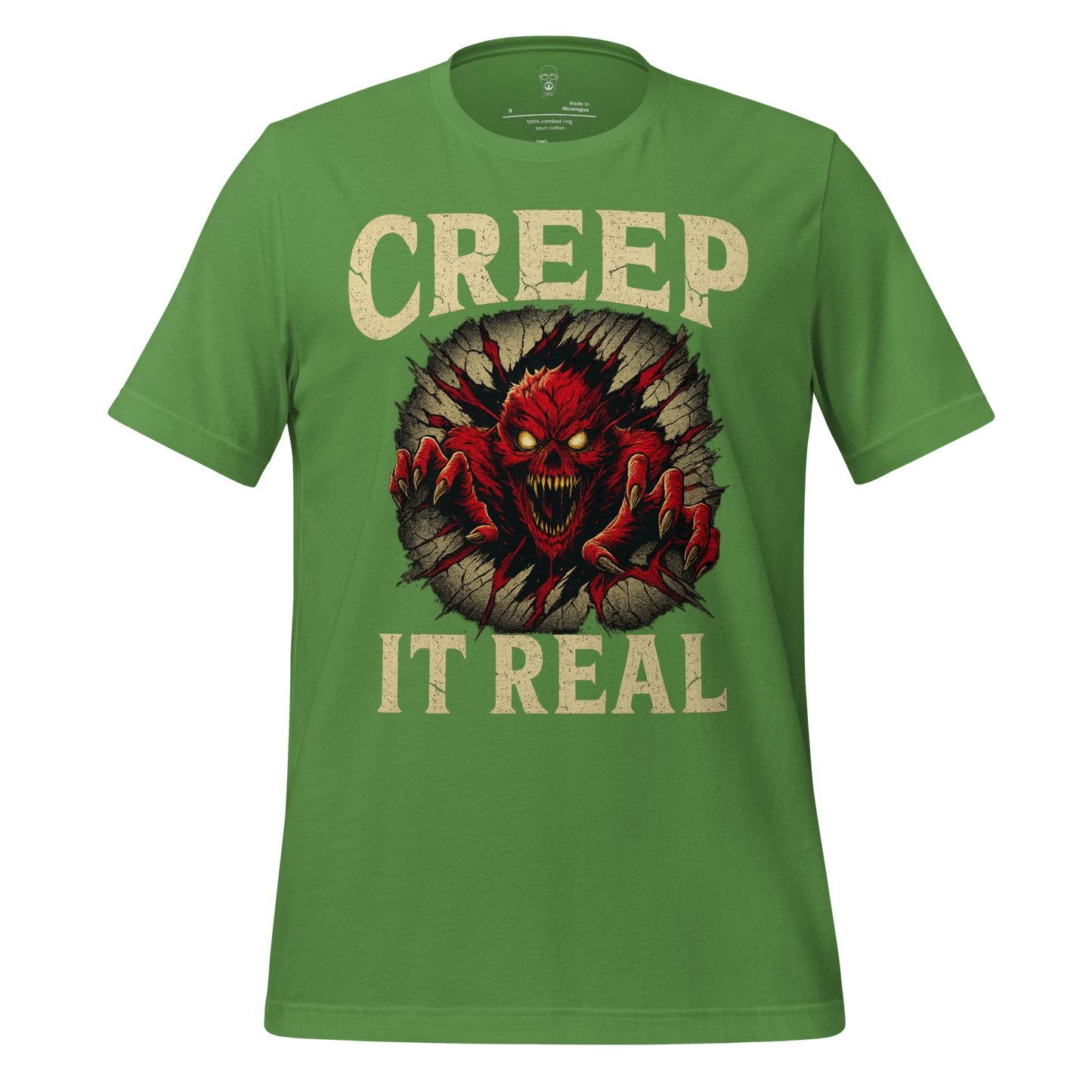 Green creep it real t-shirt with red monster graphic and bold vintage text design