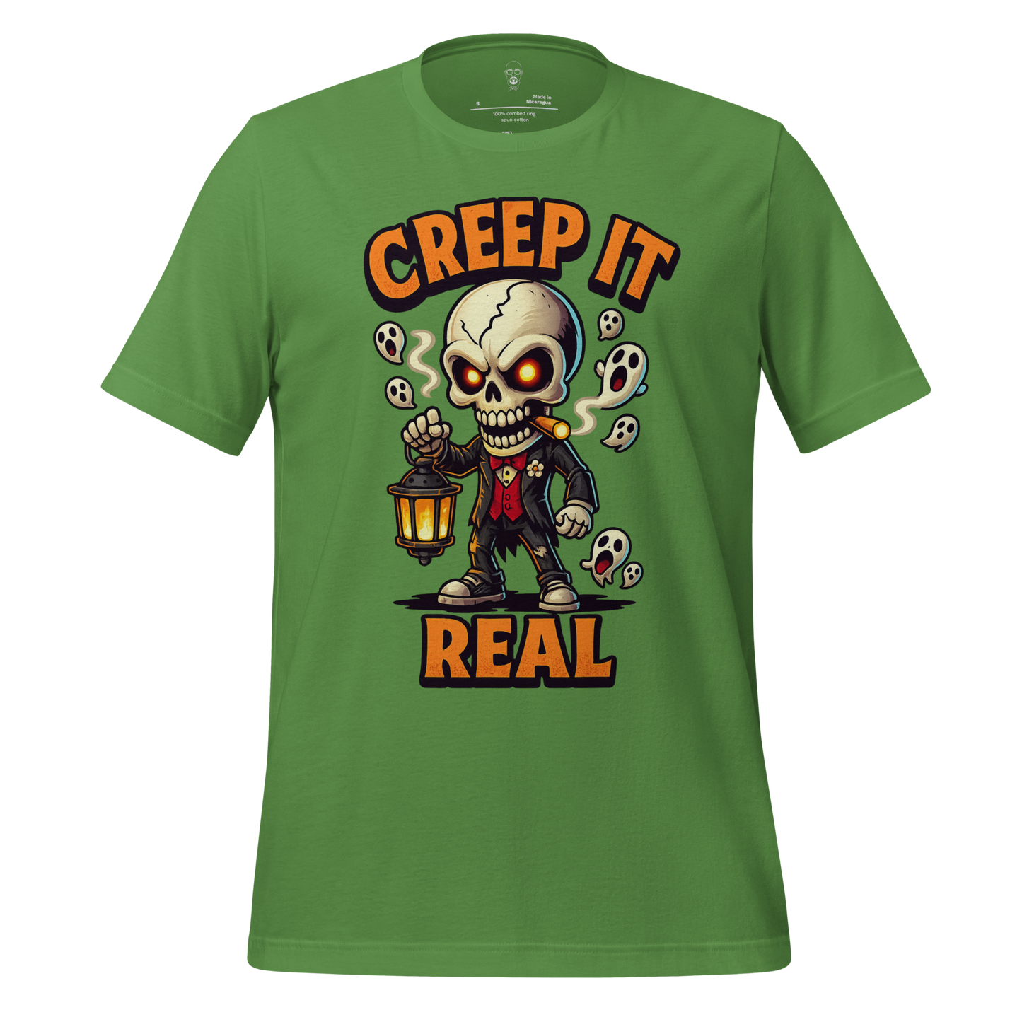 Green creep it real t shirt featuring a spooky skeleton holding a lantern surrounded by ghosts