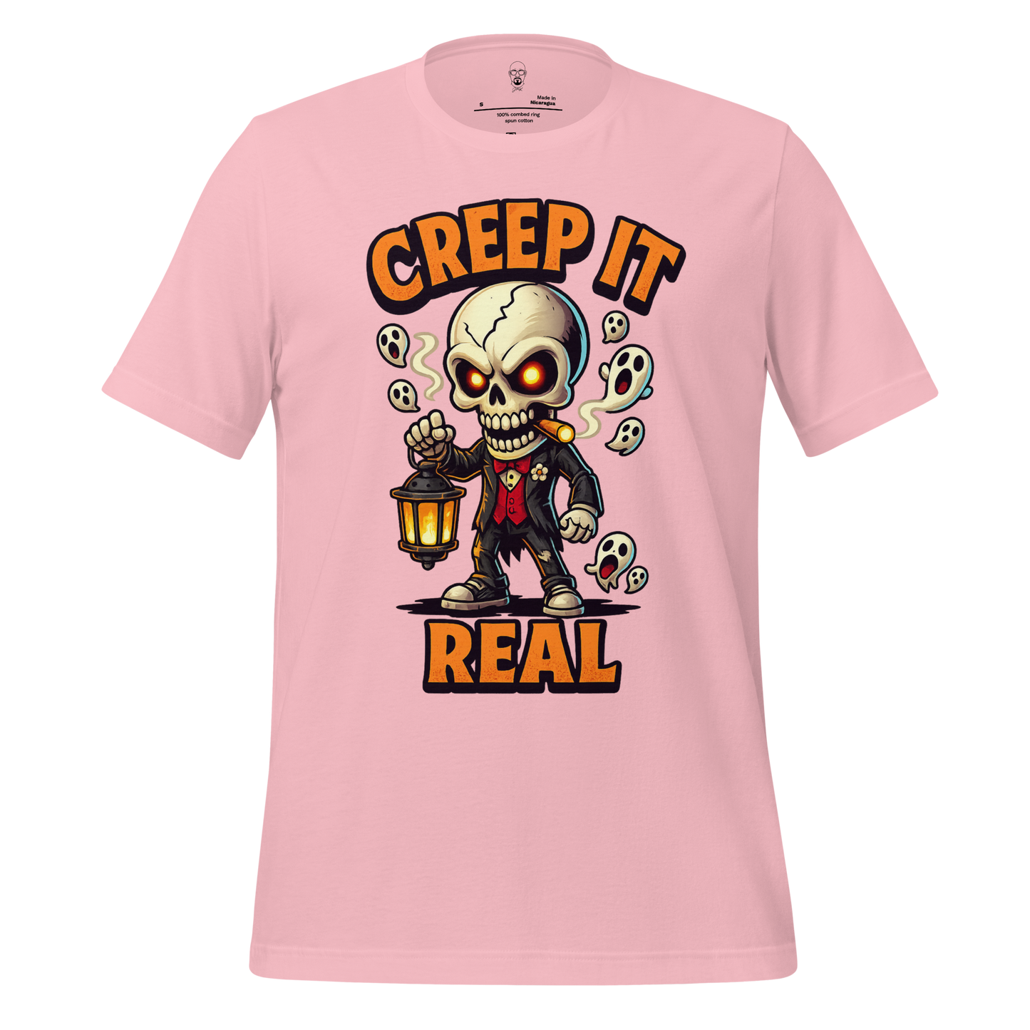Pink creep it real t shirt with cartoon skeleton holding lantern and smoking cigar graphic