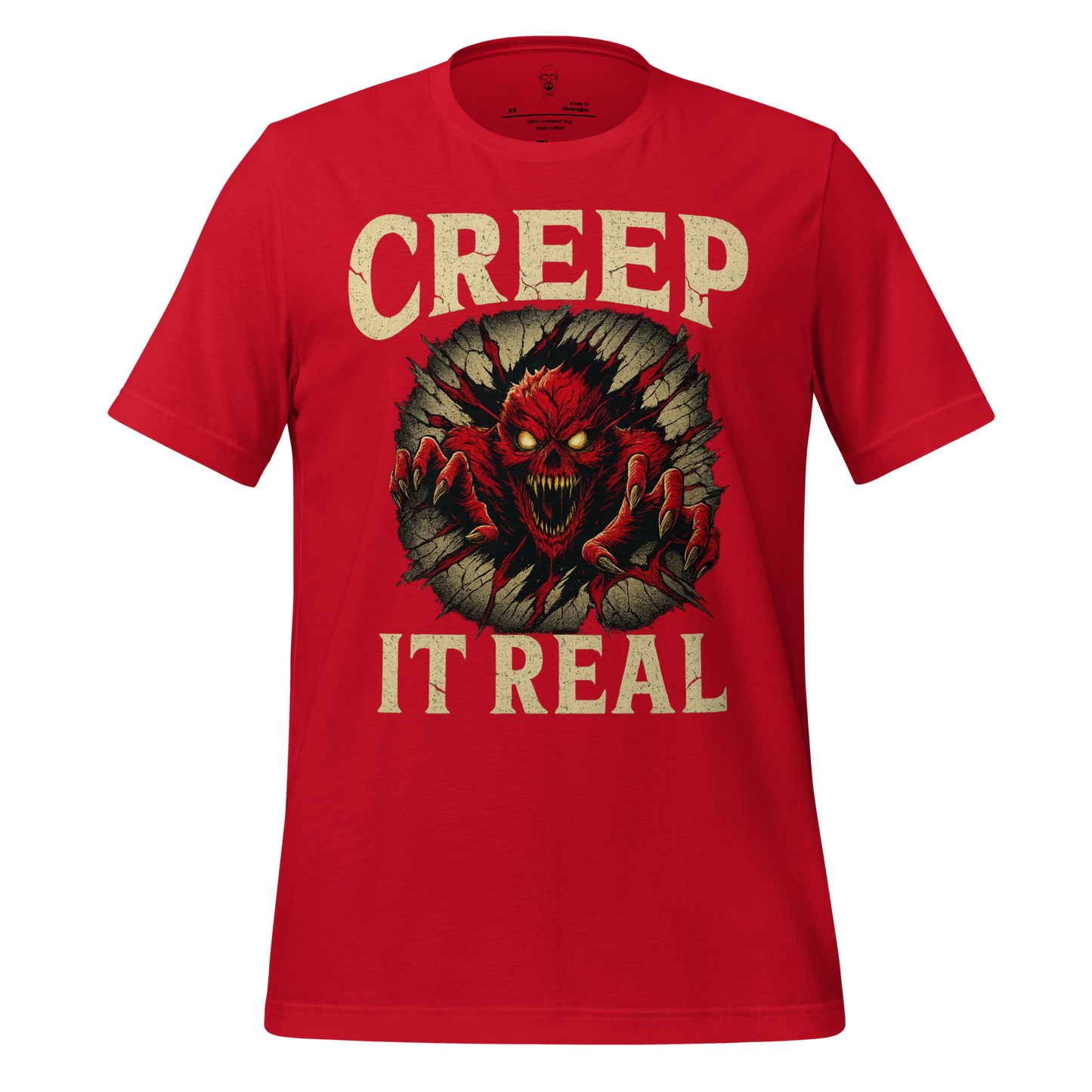 Red creep it real t-shirt with scary monster bursting through wall graphic