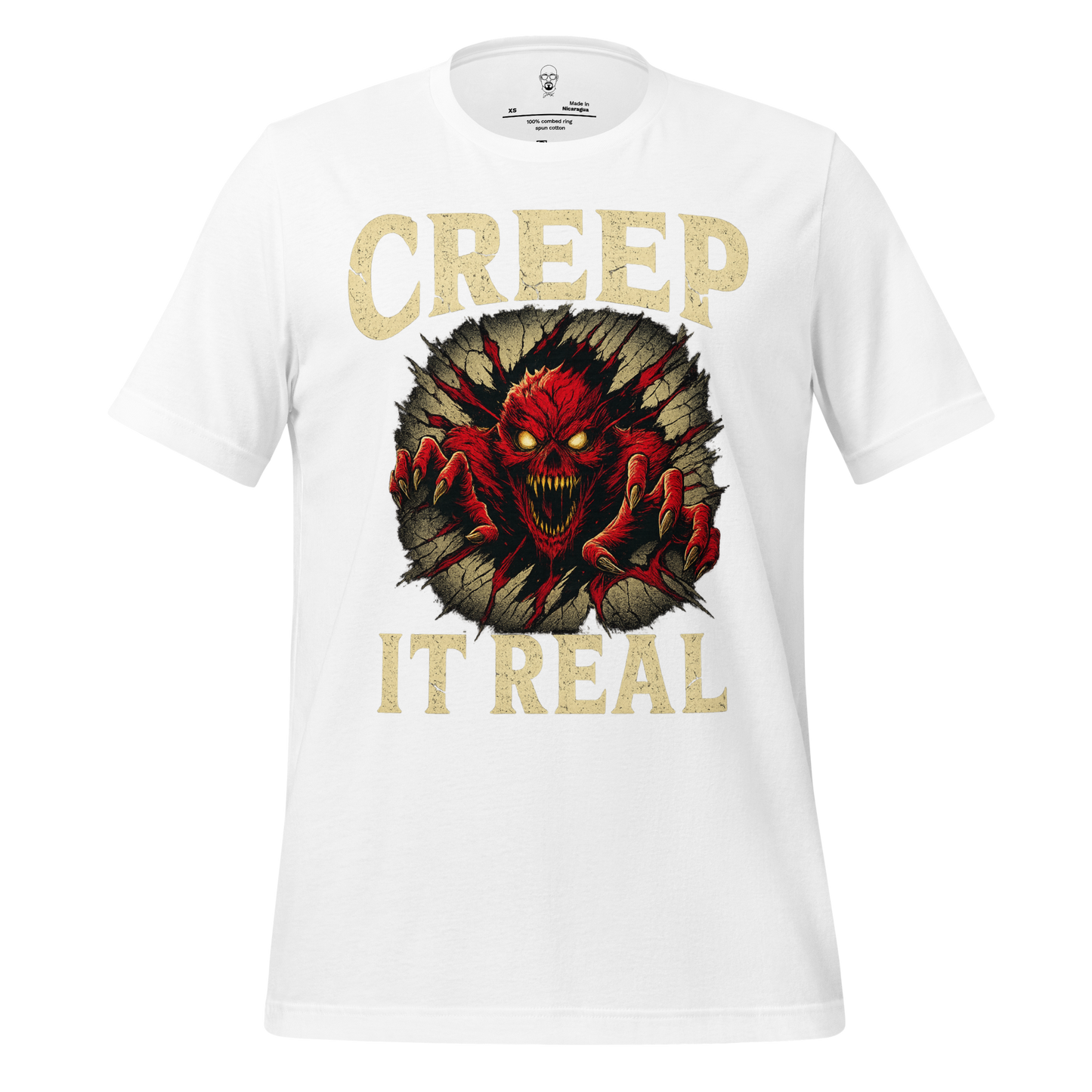JMK Drip white creep it real t-shirt with red monster graphic and vintage style text design