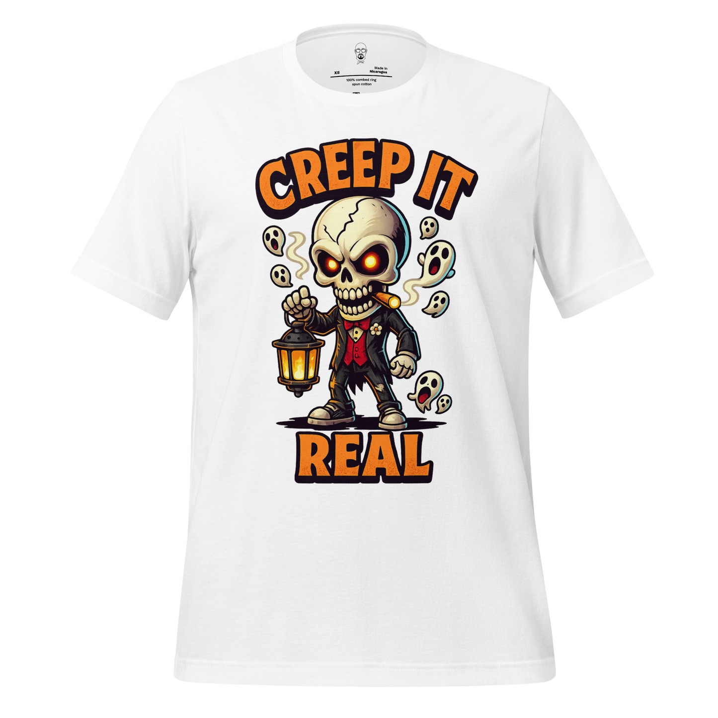 White creep it real t shirt featuring a cartoon skeleton holding a lantern with floating ghosts
