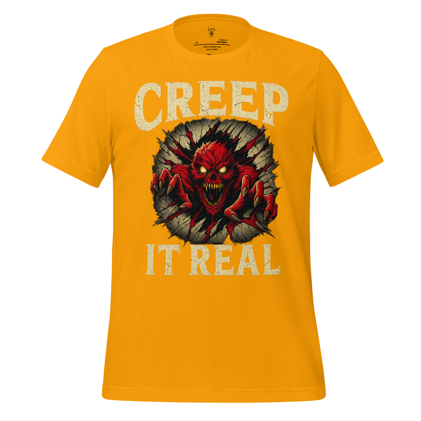 JMK Drip bright yellow creep it real t-shirt with creepy red monster graphic and bold white text