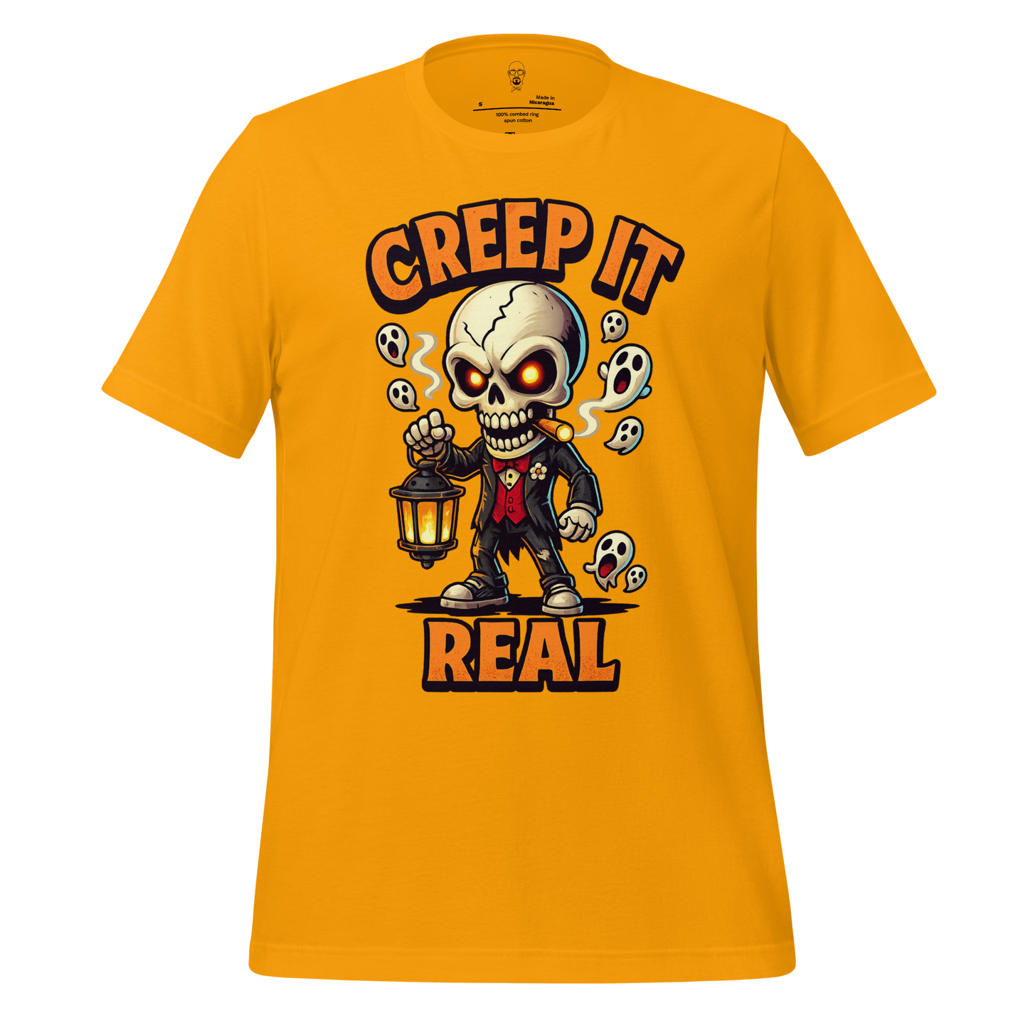 JMK Drip Yellow creep it real t shirt with cartoon skeleton holding lantern and ghosts