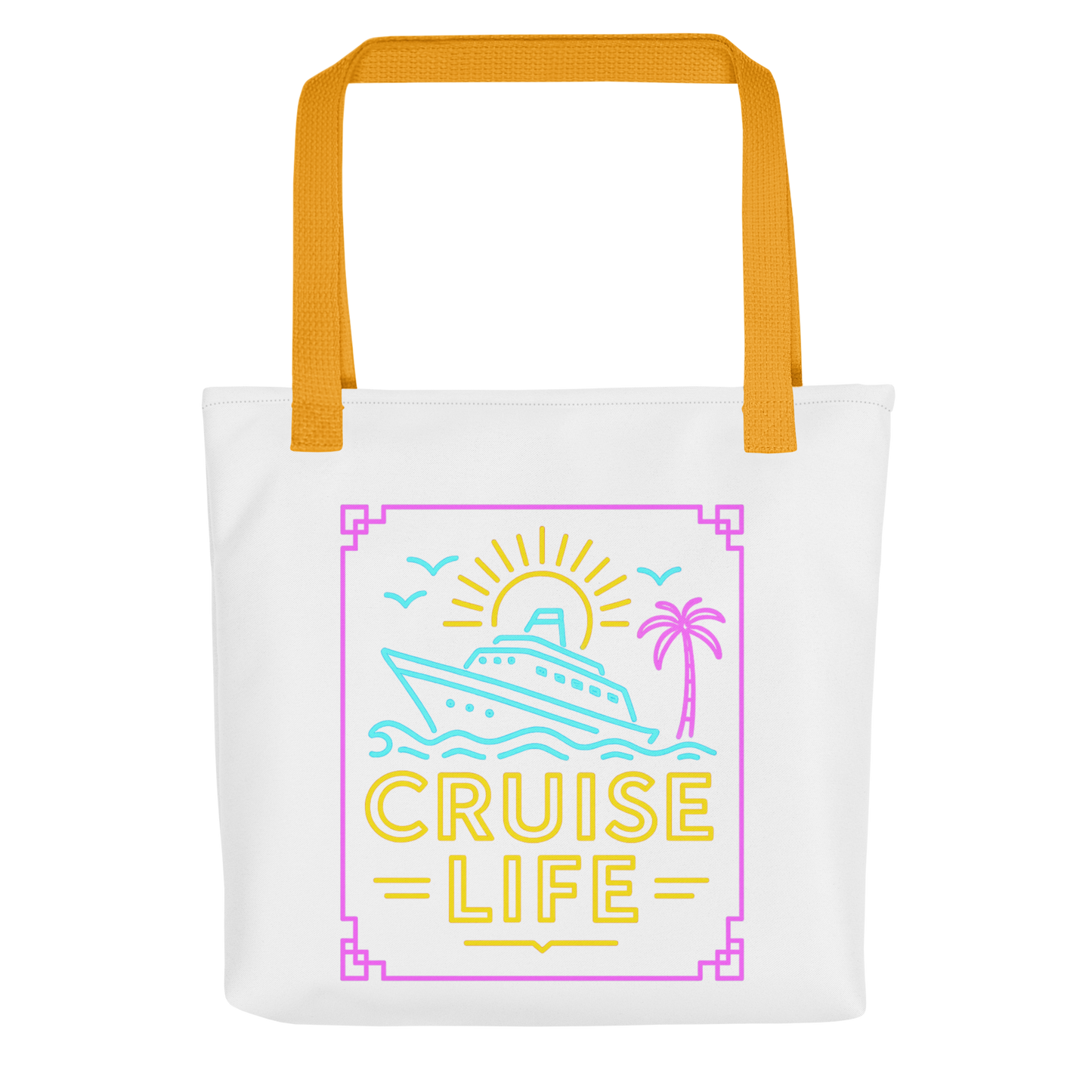 White cruise life tote bag with yellow handles and colorful cruise ship graphic design