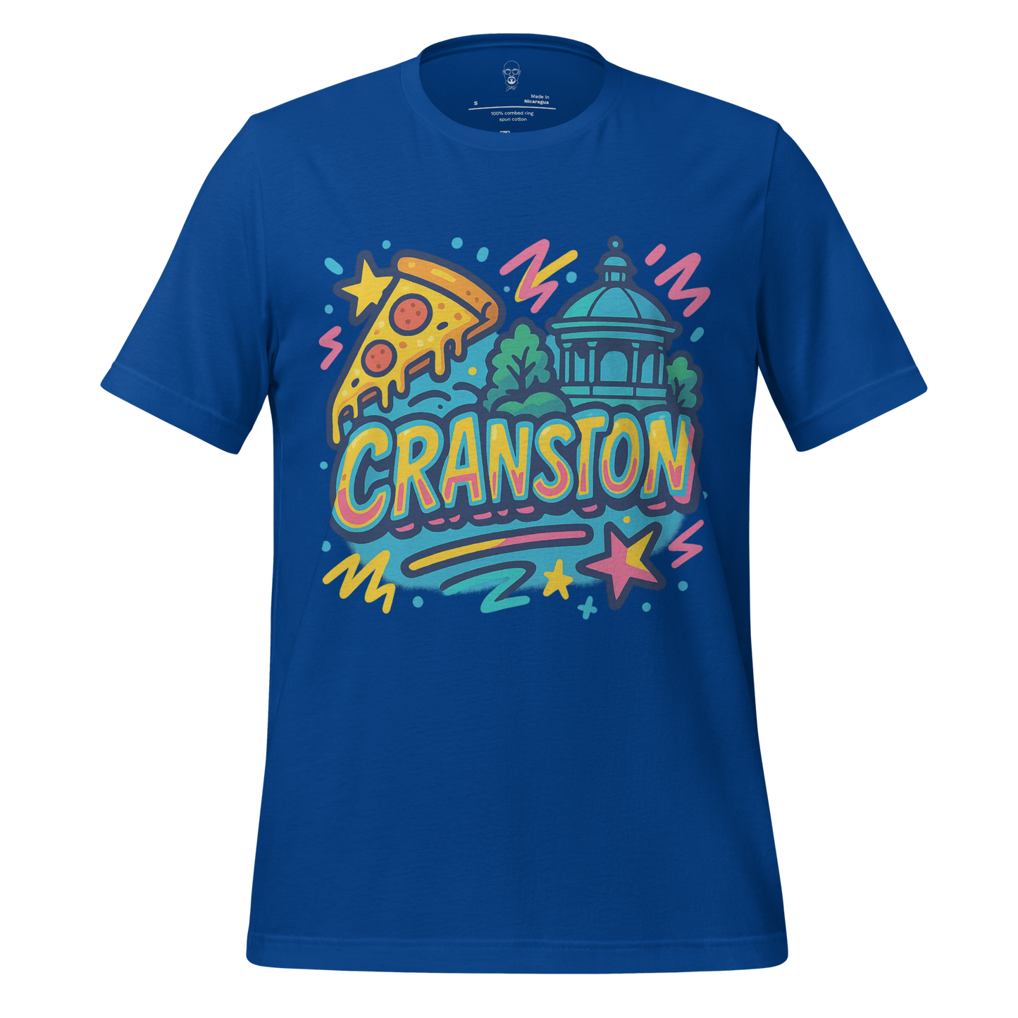 JMK Drip blue Cranston Graphic T-Shirt with colorful pizza slice and cityscape design