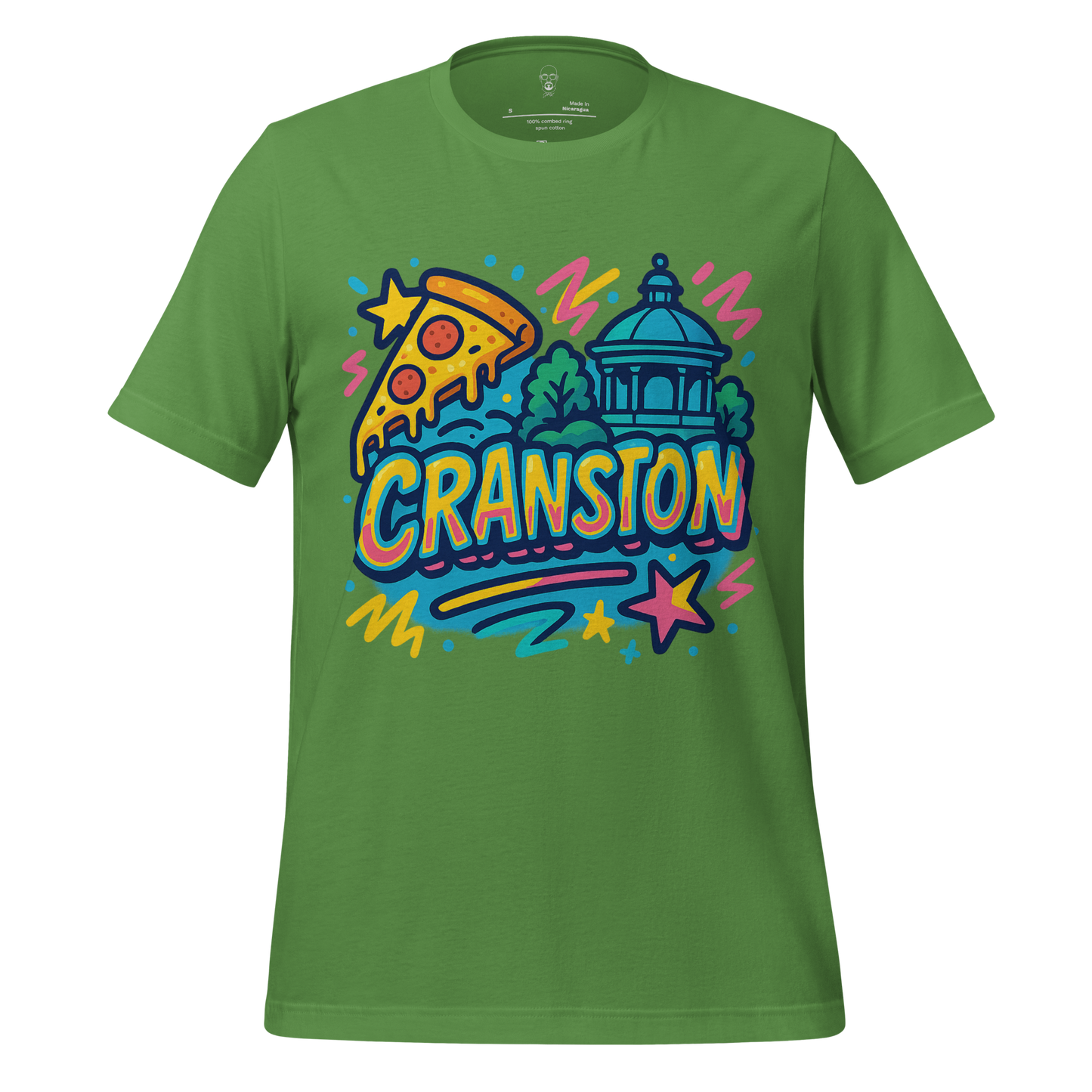 Green Cranston Graphic T-Shirt by JMK Drip featuring colorful pizza slice and cityscape design