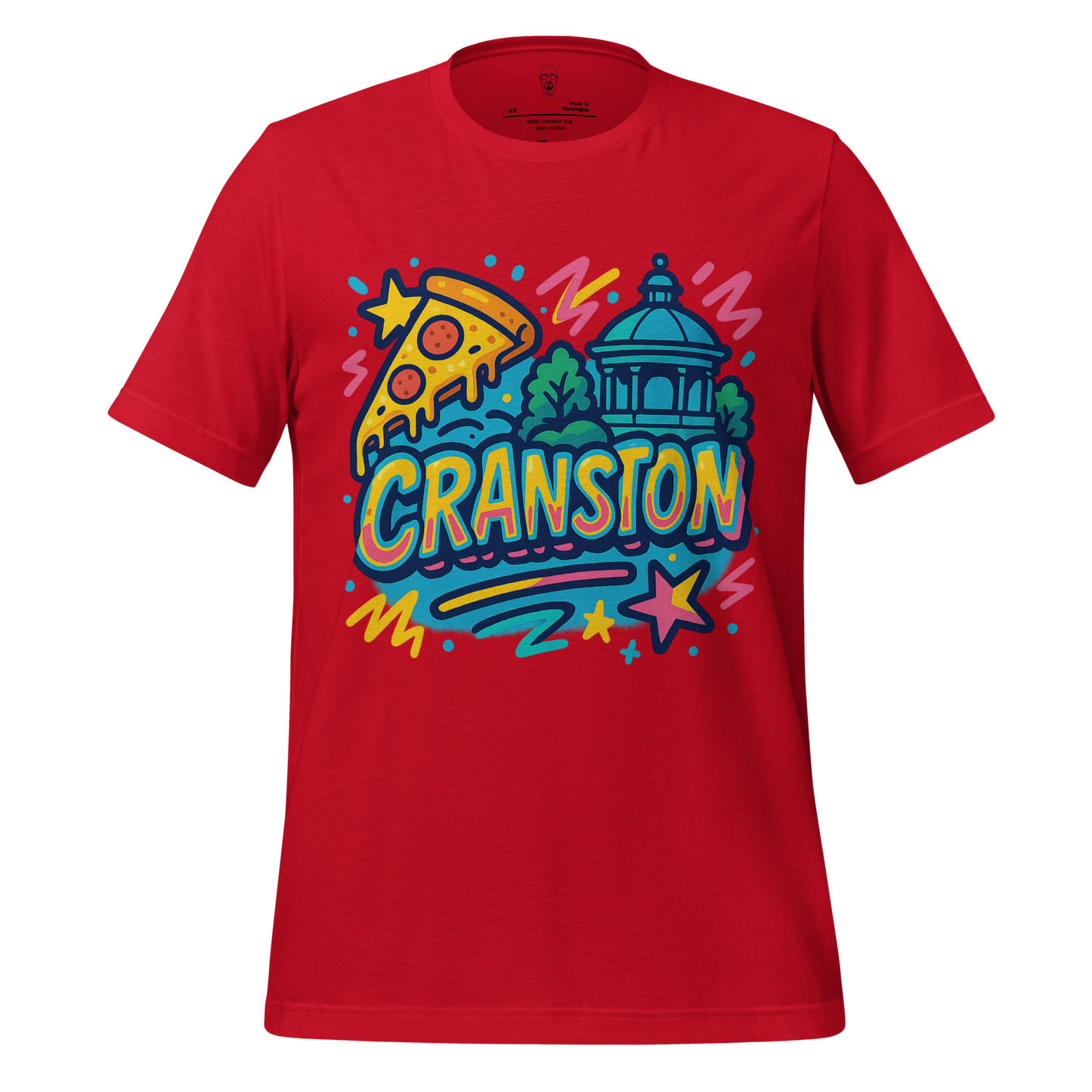Red Cranston Graphic T-Shirt by JMK Drip featuring colorful pizza and cityscape design