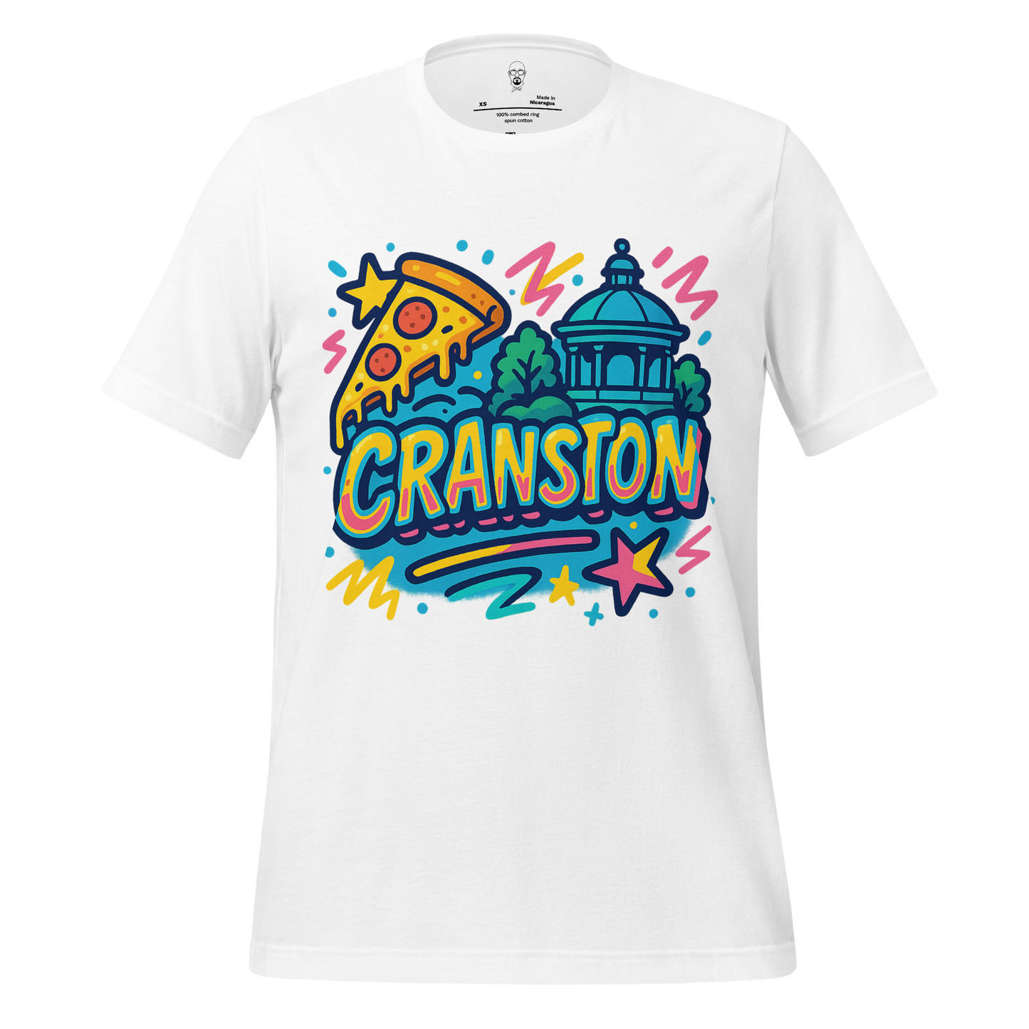 White Cranston Graphic T-Shirt featuring colorful pizza slice and city landmark illustration