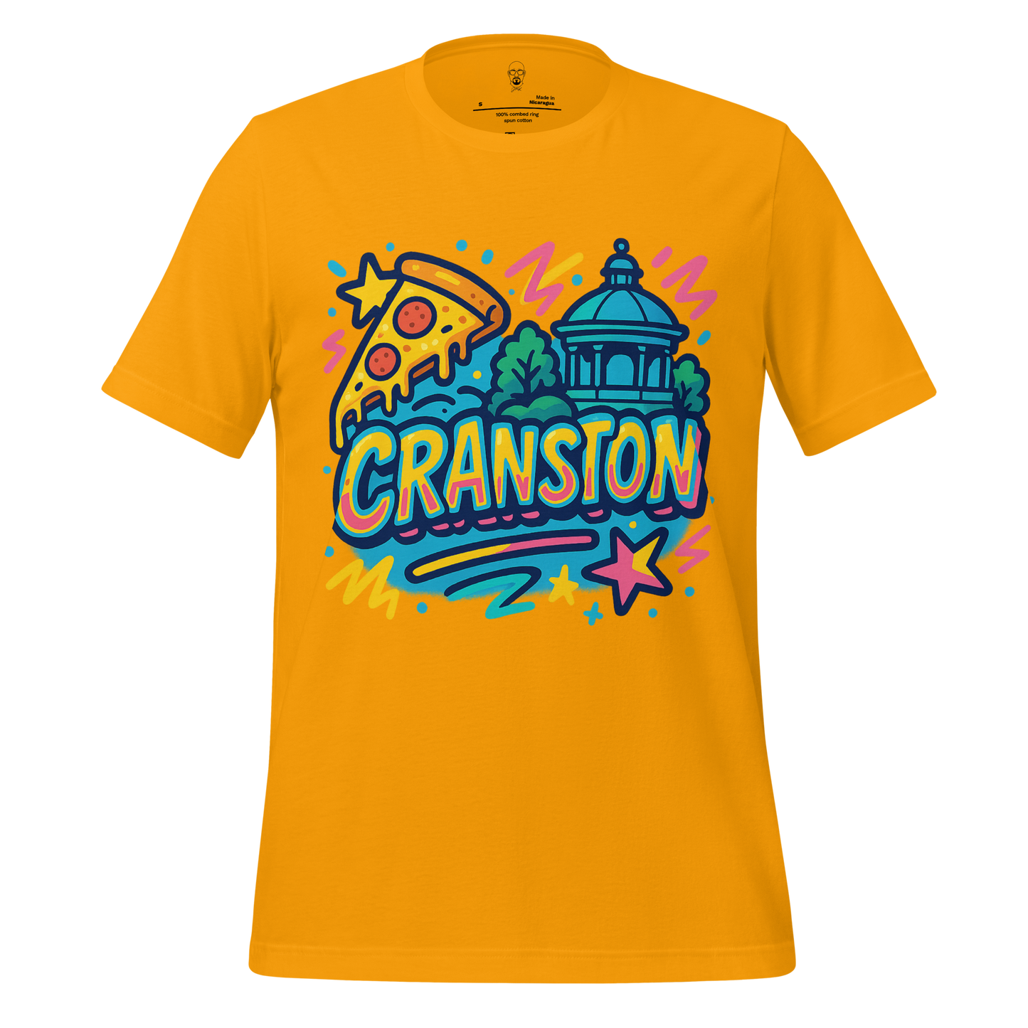 JMK Drip Cranston Graphic T-Shirt in yellow with colorful pizza slice and cityscape design