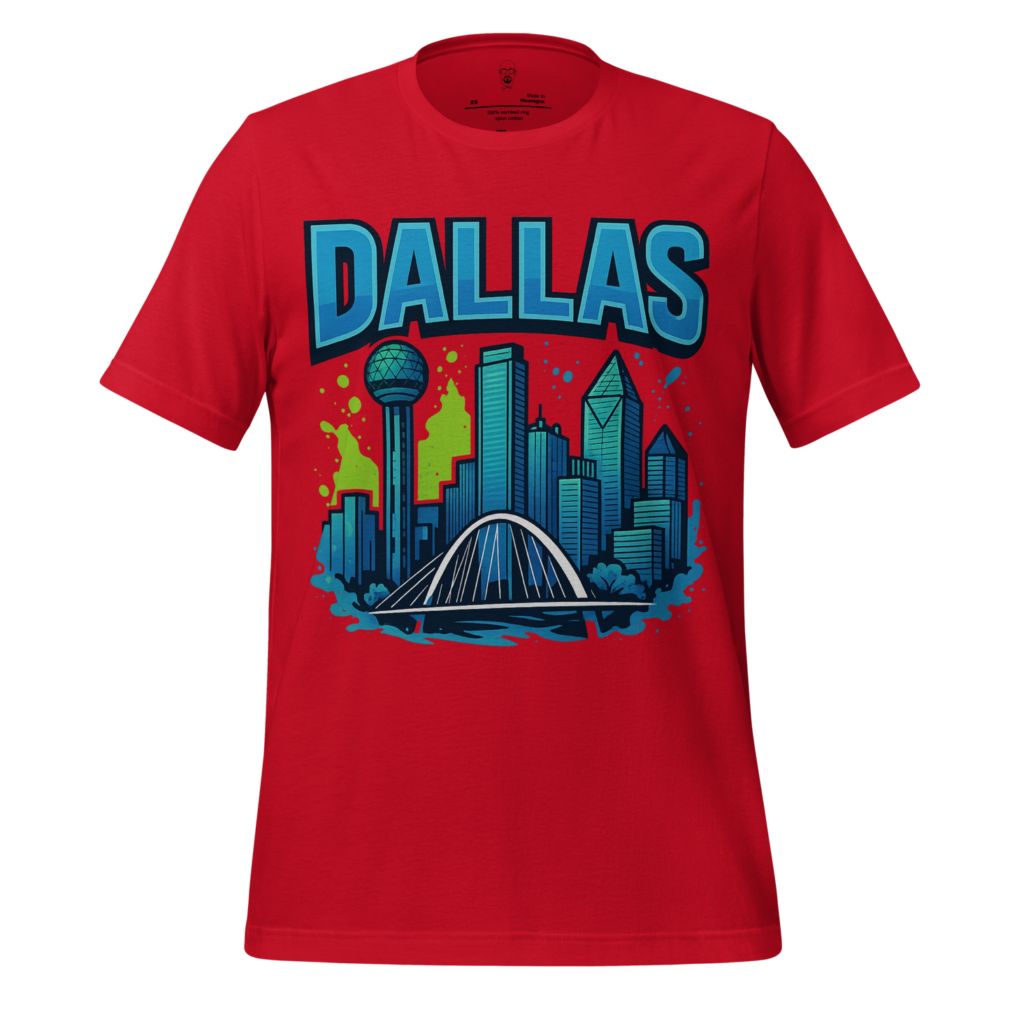 Red Dallas skyline t-shirt featuring colorful graphic of Dallas city buildings and landmarks by JMK Drip