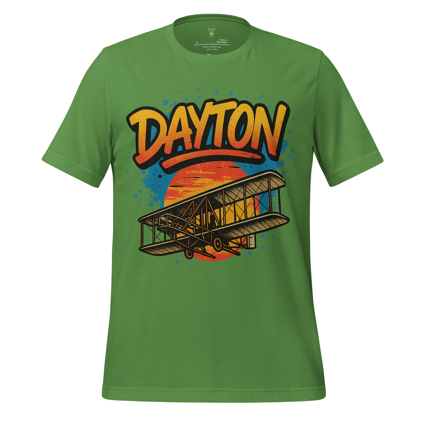 Green Dayton Graphic T-Shirt with vintage airplane and sunset design by JMK Drip