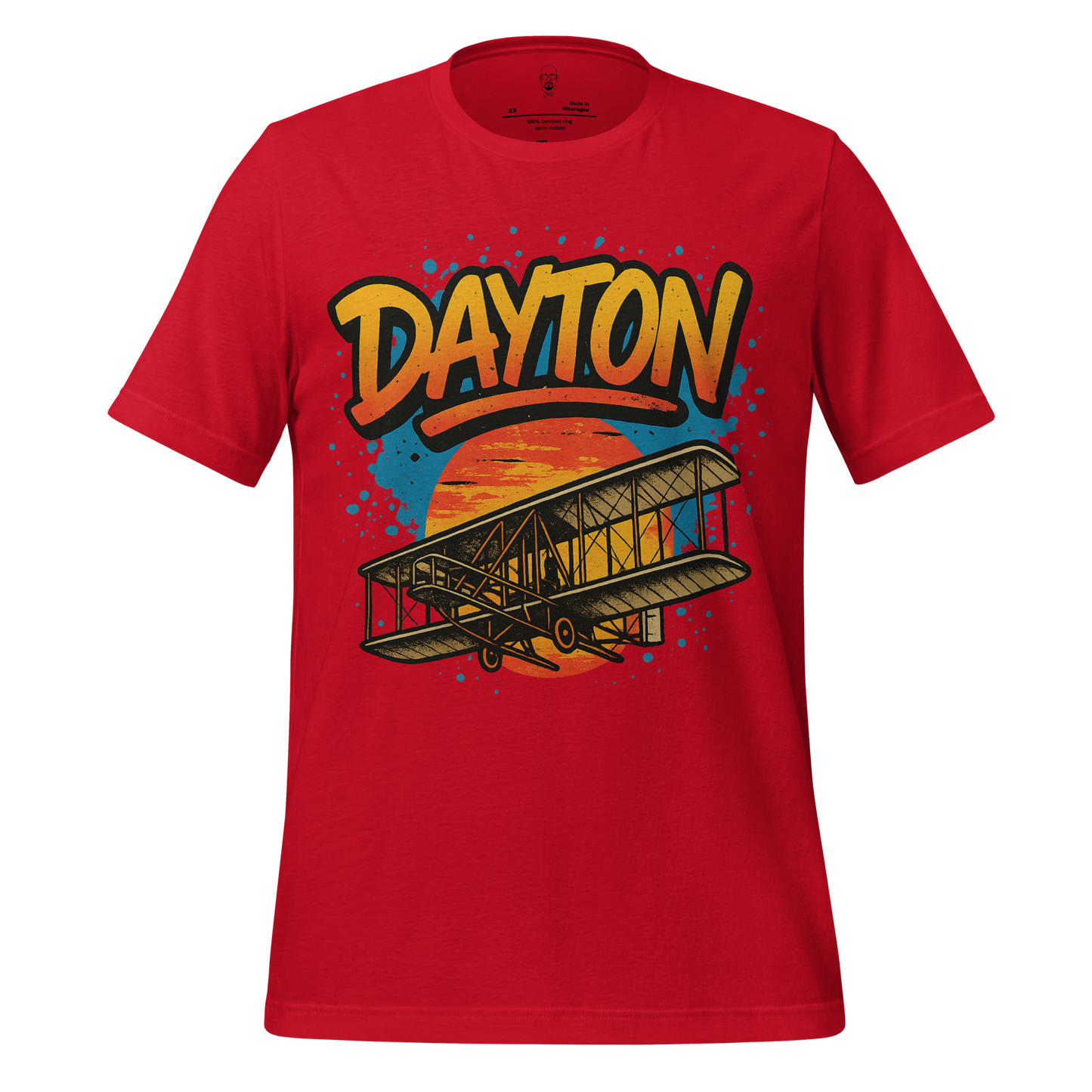 Red Dayton Graphic T Shirt with vintage airplane and sunset design by JMK Drip