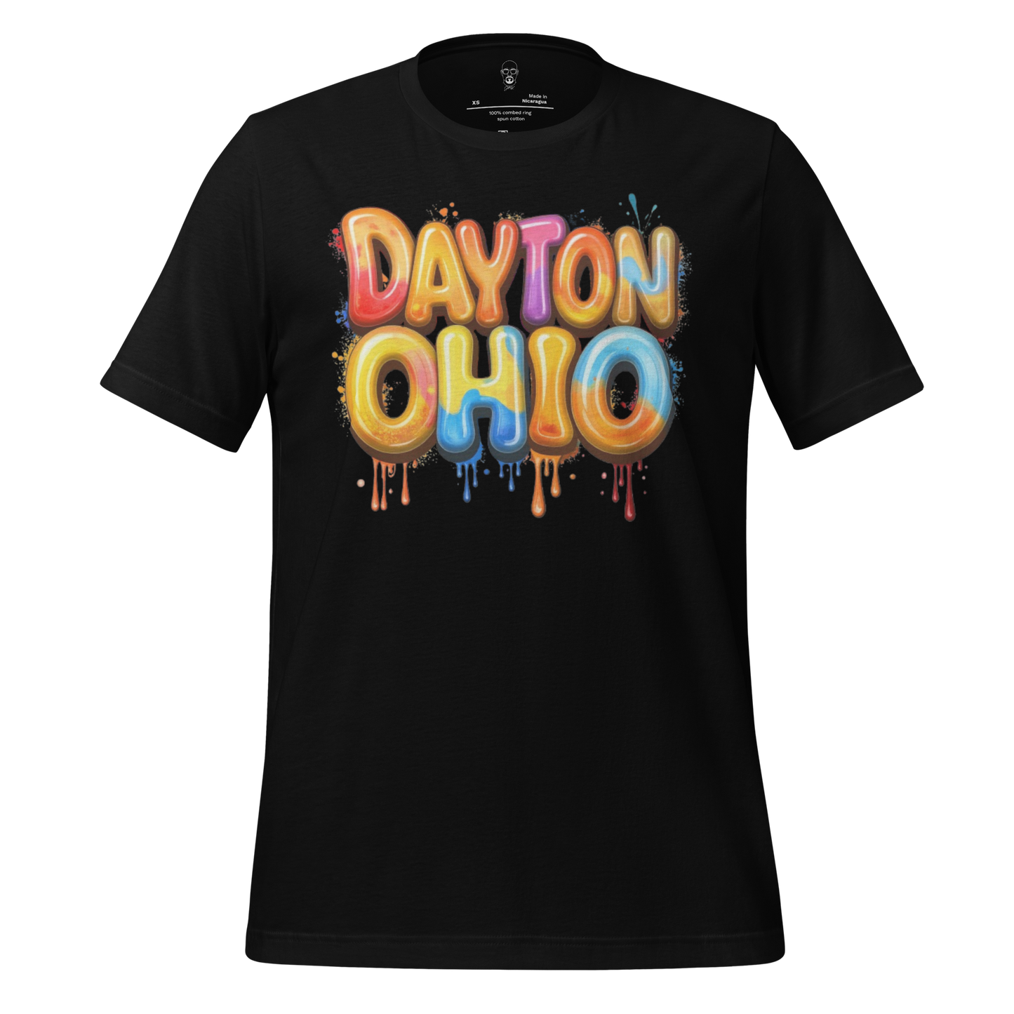 Black t-shirt with colorful dripping graffiti text Dayton Ohio t-shirt design by JMK Drip