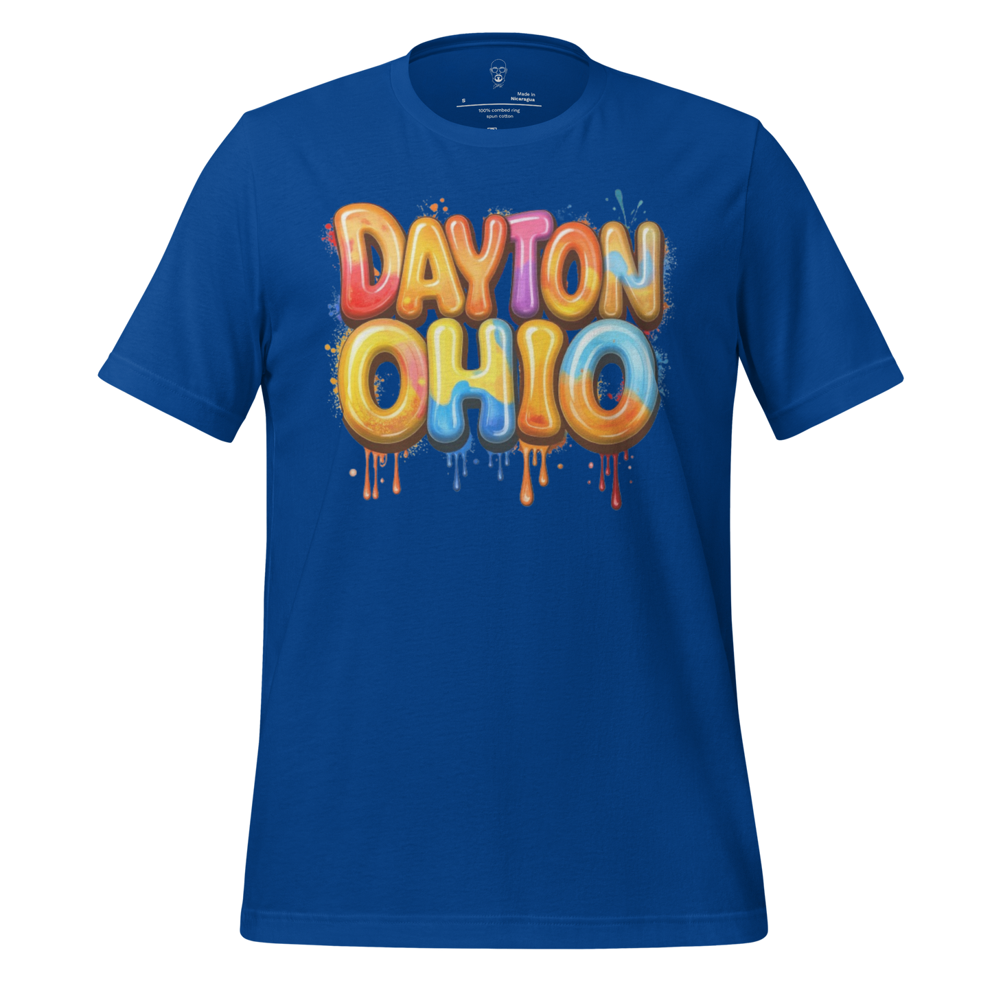 Blue shirt with colorful balloon-style lettering saying Dayton Ohio t-shirt by JMK Drip