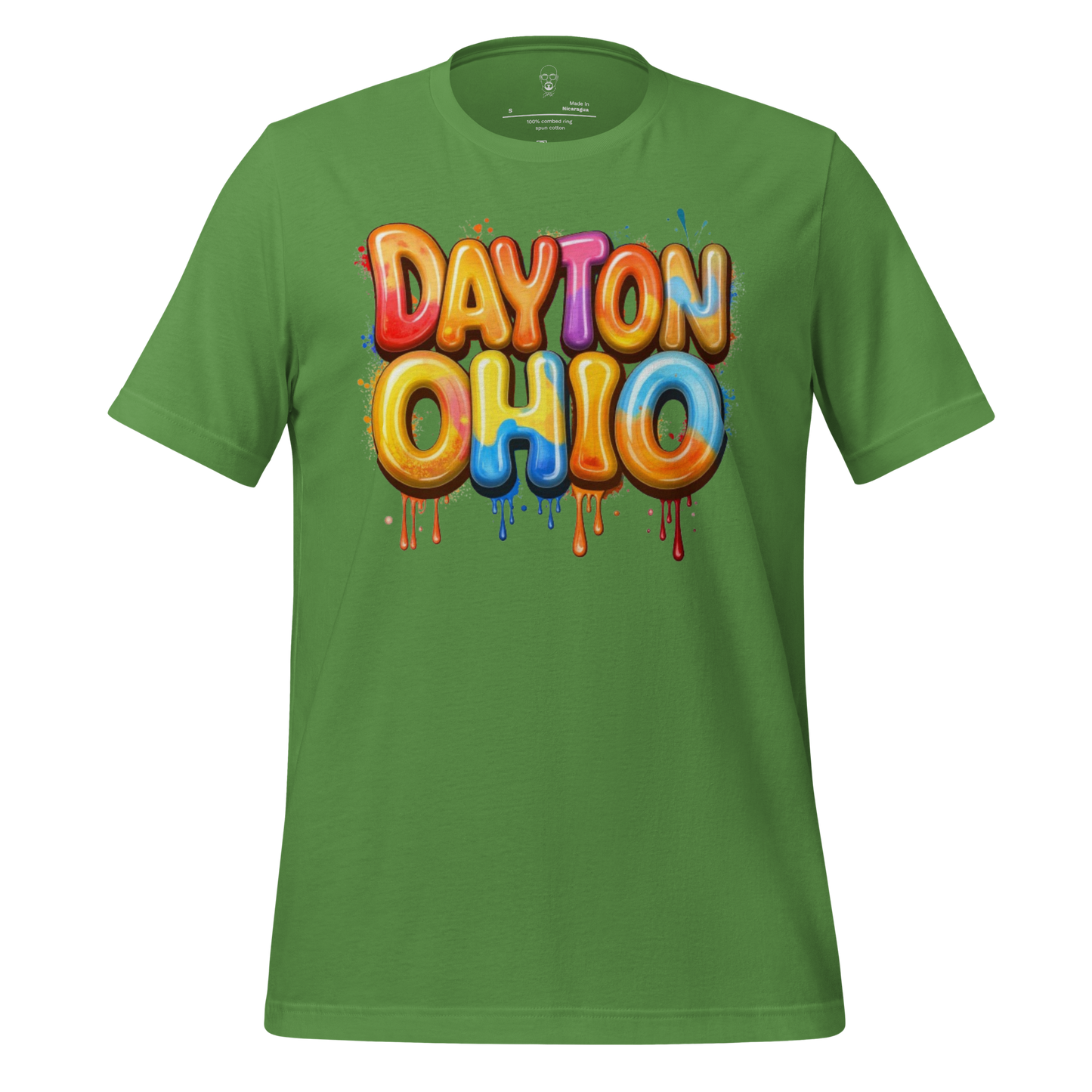 Green Dayton Ohio t-shirt with colorful balloon-style lettering and paint drip design