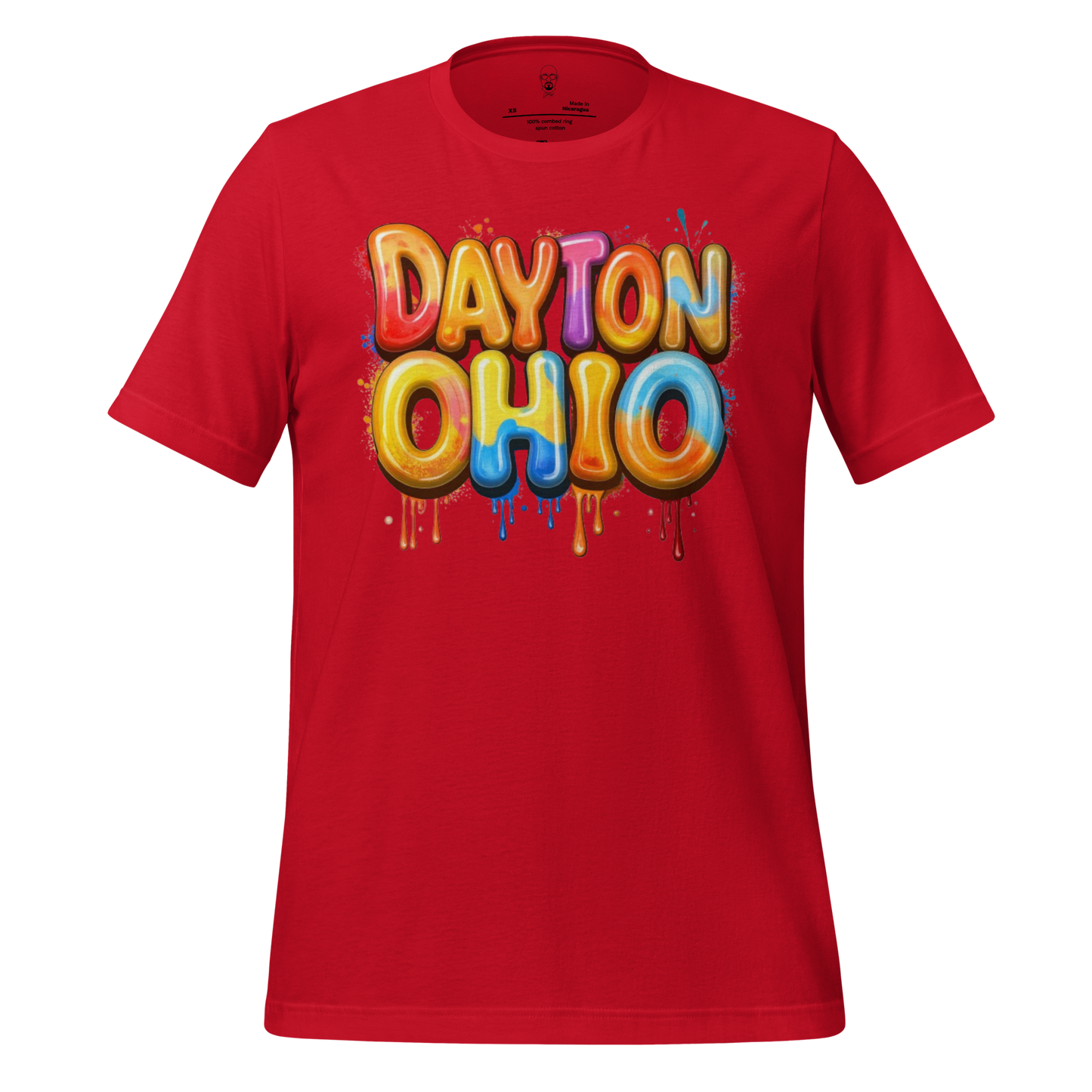 Red Dayton Ohio t-shirt with colorful balloon-style lettering and paint drip design