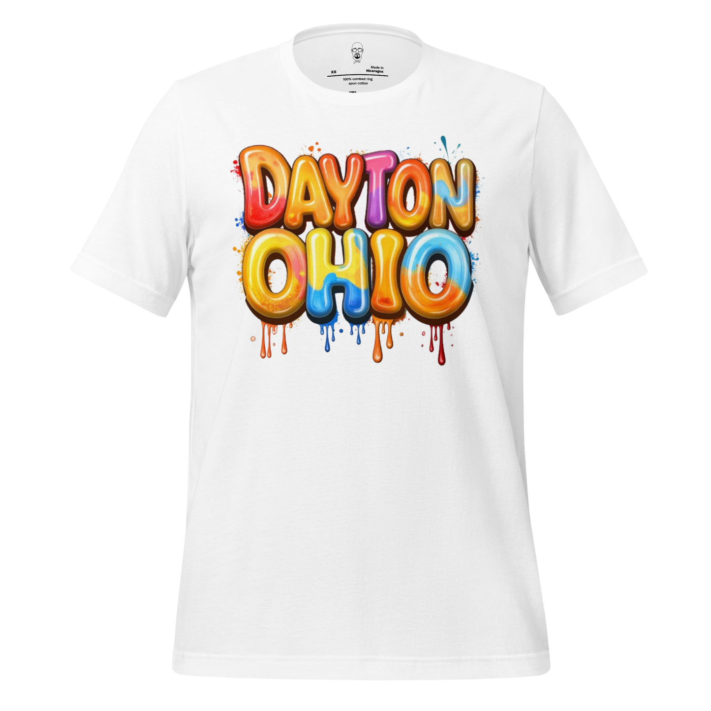 White t-shirt with colorful balloon-style lettering spelling Dayton Ohio t-shirt by JMK Drip