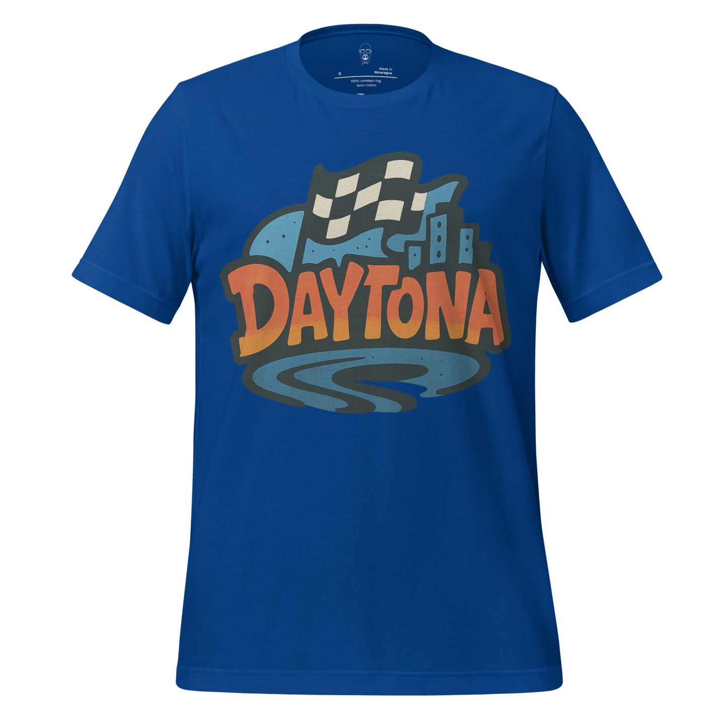 Blue Daytona Graphic T-Shirt with racing flag and city skyline design
