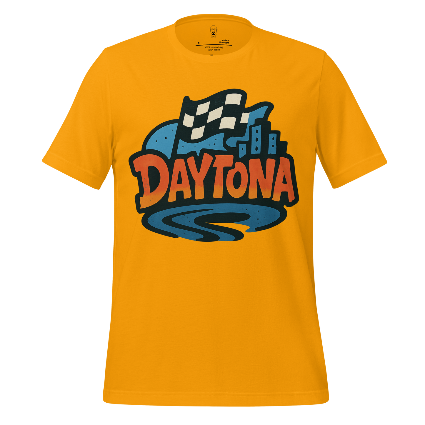Yellow Daytona Graphic T-Shirt with checkered flag and cityscape design on front