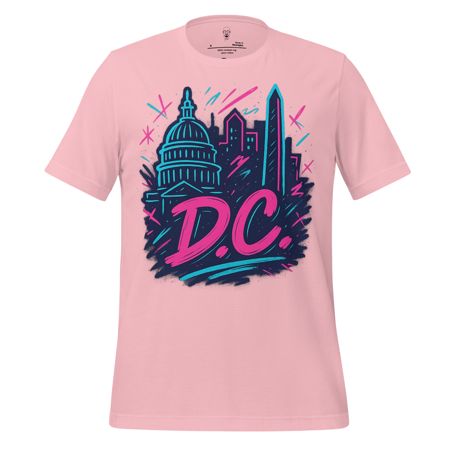 Pink JMK Drip DC Graphic T-Shirt with blue and pink Washington DC skyline design