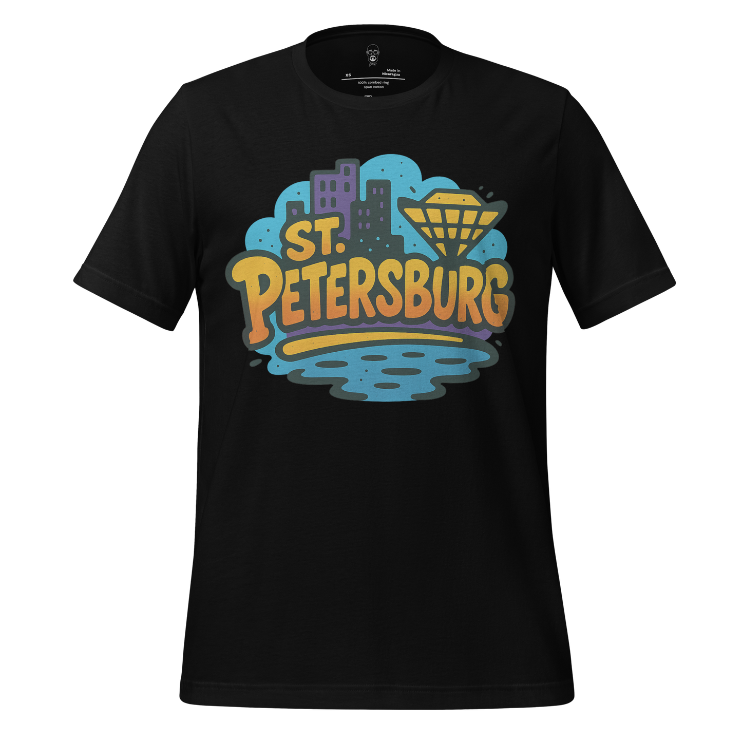 Black t-shirt with colorful St. Petersburg cityscape graphic and text St. Petersburg Graphic T-Shirt