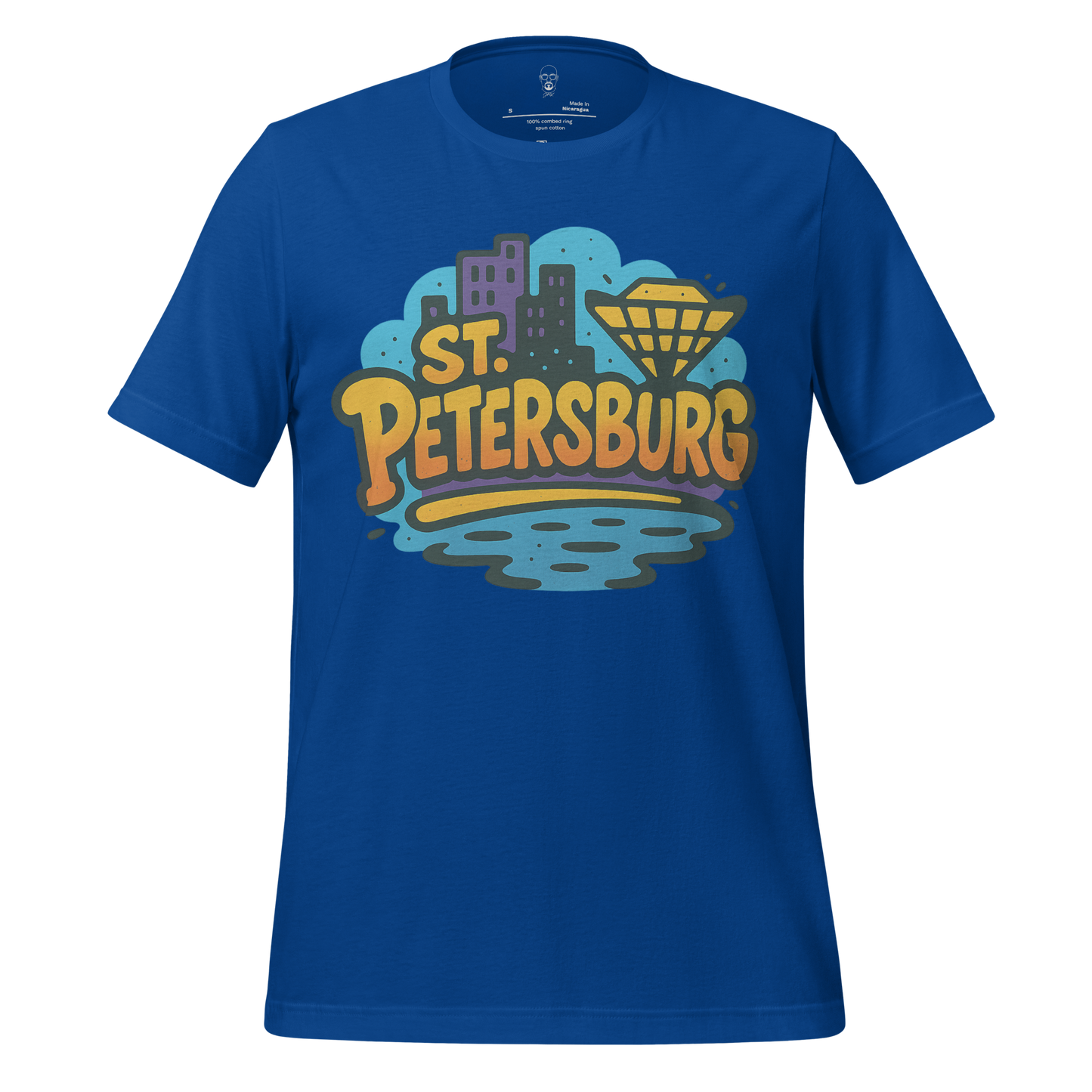 Blue St. Petersburg Graphic T-Shirt with colorful city skyline and water design