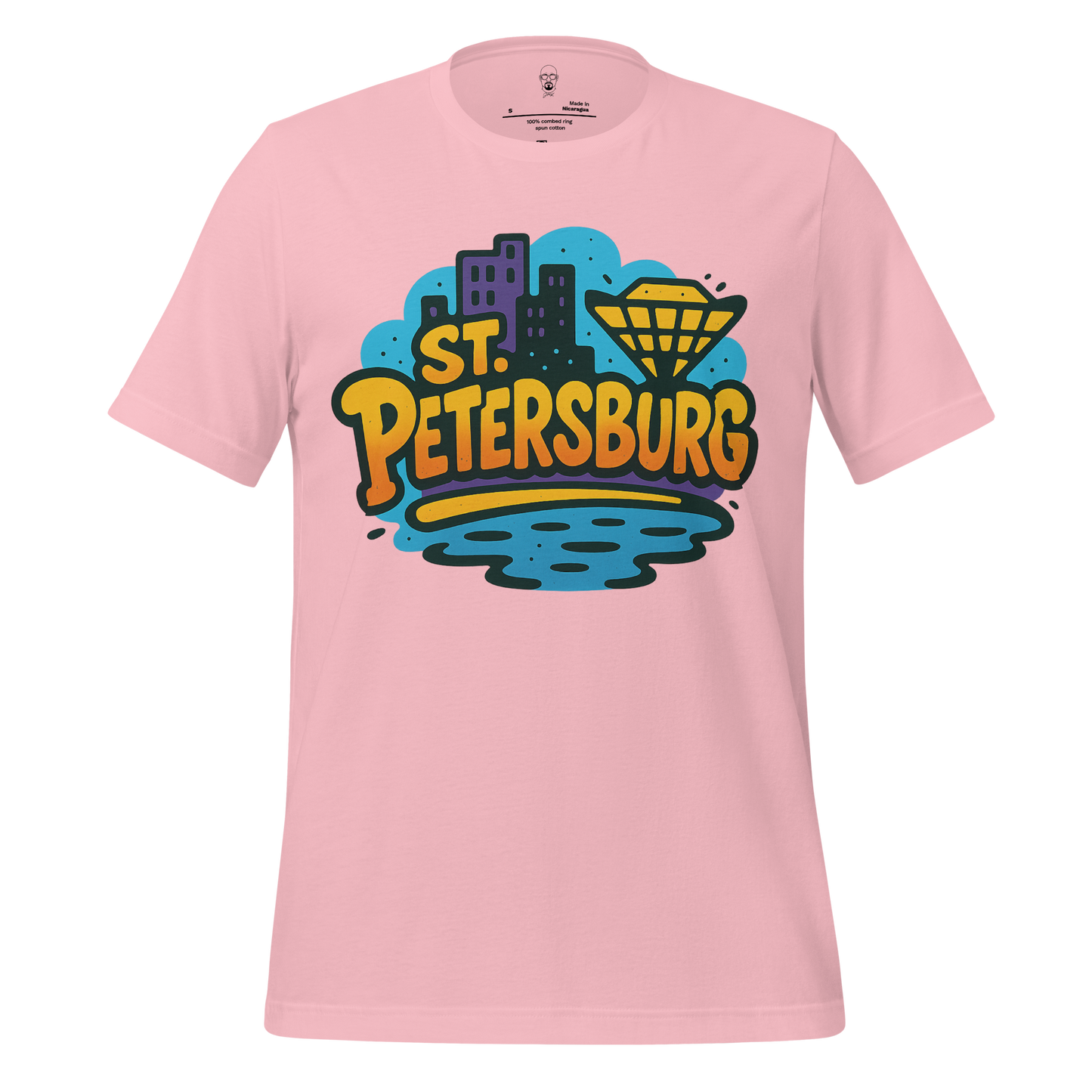 Pink St. Petersburg Graphic T-Shirt with colorful cityscape and diamond design on front