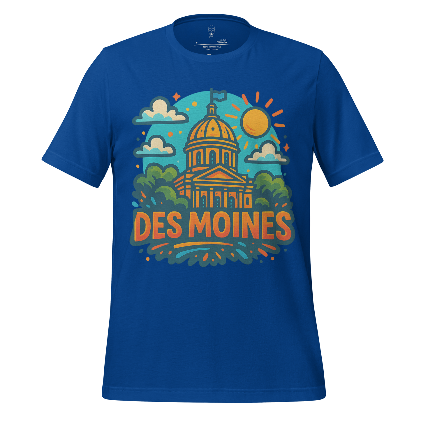 Blue Des Moines Graphic T-Shirt by JMK Drip featuring colorful Capitol building design with sun and clouds