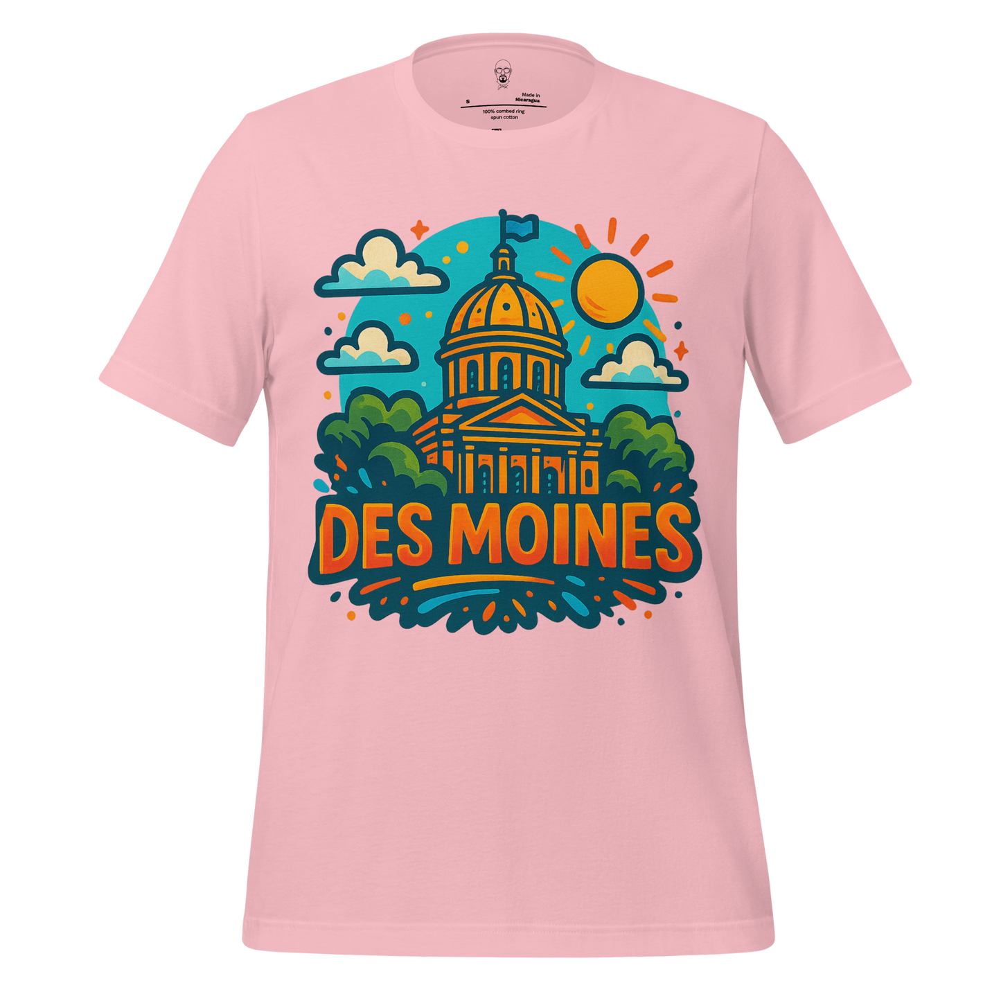 Pink Des Moines Graphic T-Shirt by JMK Drip featuring colorful state capitol building and sun design