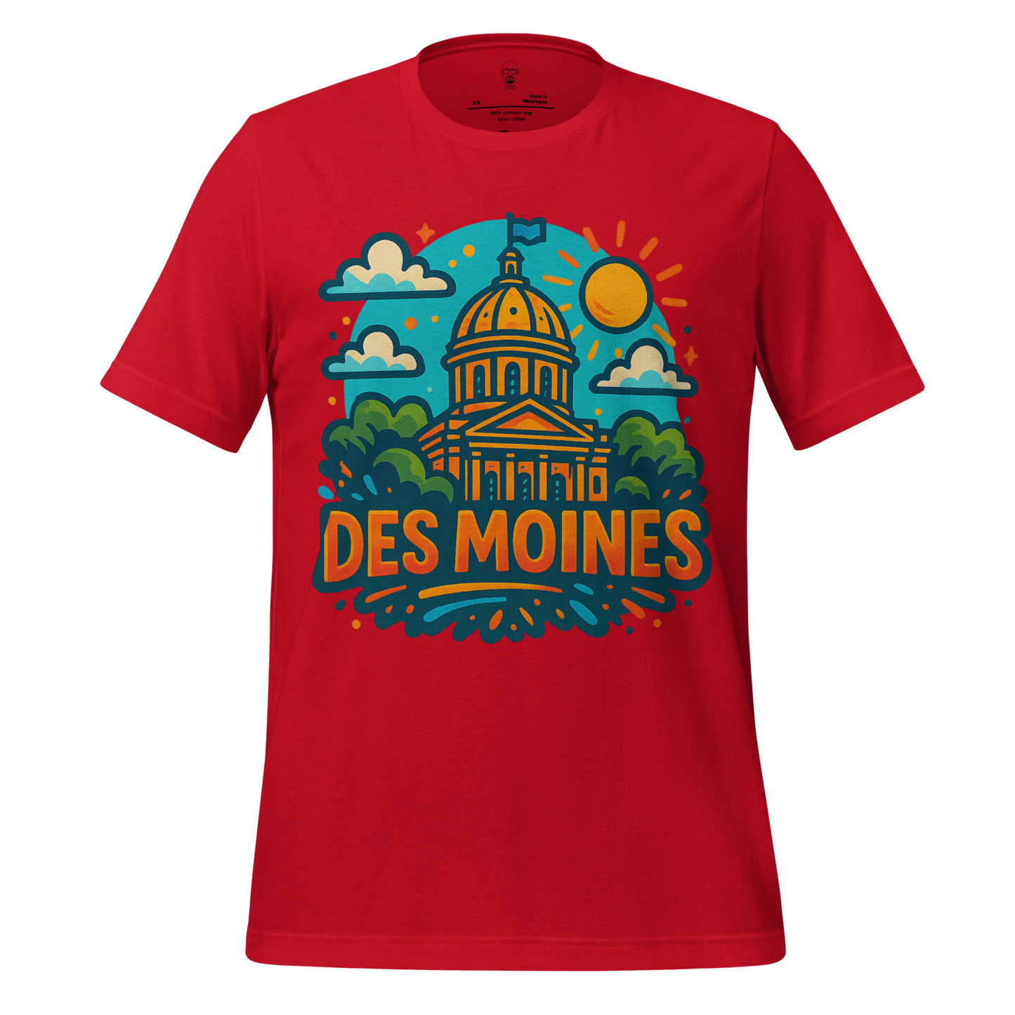 Red Des Moines Graphic T Shirt featuring colorful illustration of capitol building with sun and clouds