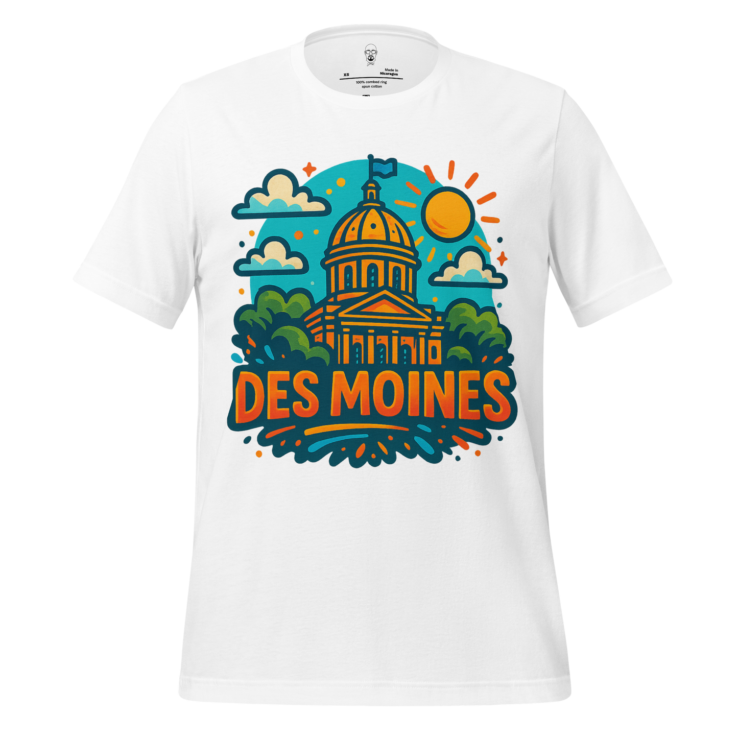 White Des Moines Graphic T-Shirt by JMK Drip featuring colorful capitol building design with sun and clouds