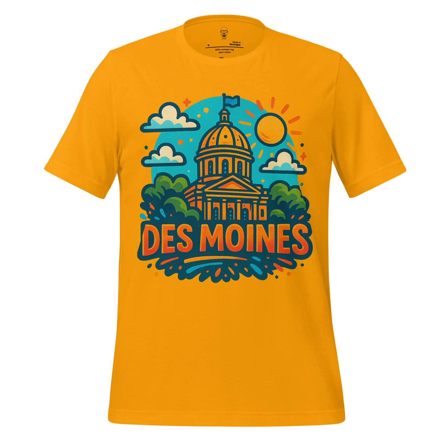 JMK Drip yellow Des Moines Graphic T-Shirt with colorful cityscape and sun design