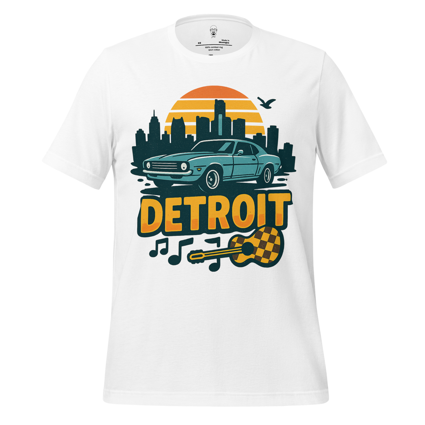 White Detroit Graphic T-Shirt featuring a vintage car, city skyline, and guitar design by JMK Drip