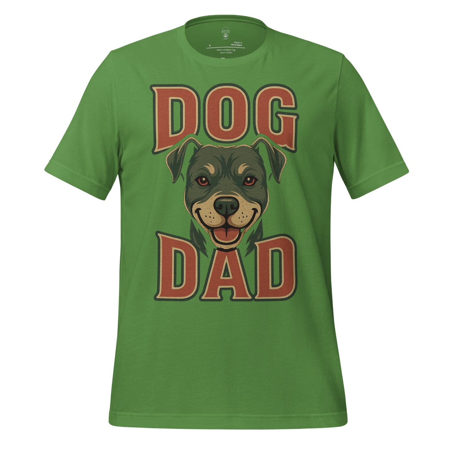 Green dog dad t-shirt featuring a happy dog's face and bold text dog dad design