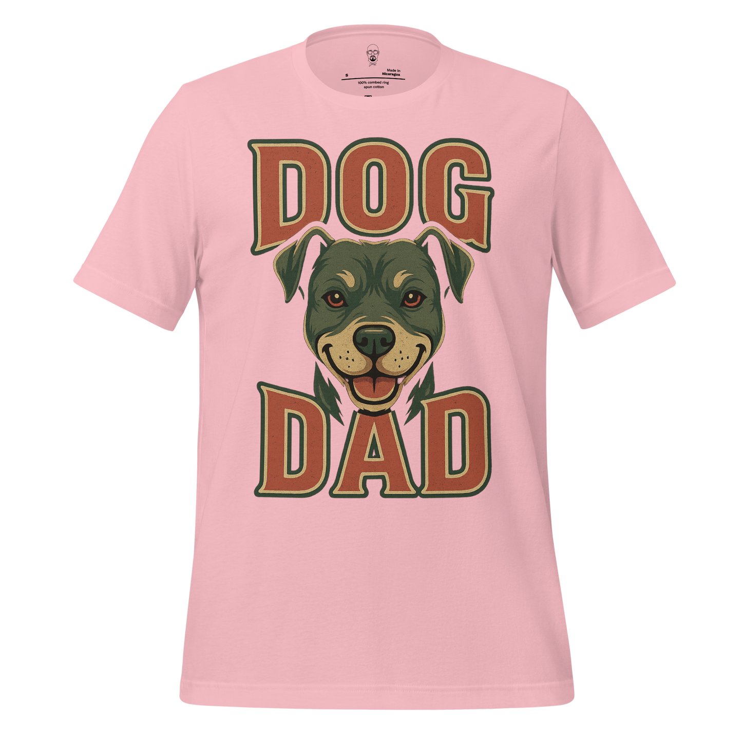 Pink dog dad t-shirt featuring smiling dog face graphic and bold DOG DAD text