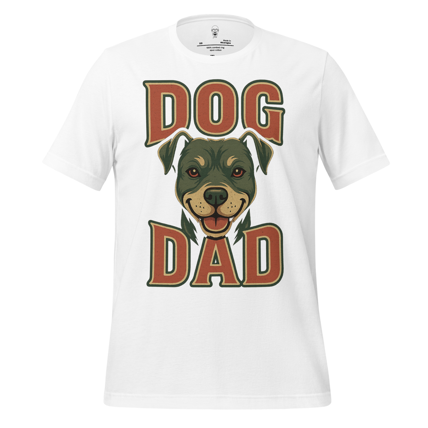 White dog dad t-shirt featuring a smiling dog's face and bold dog dad text design